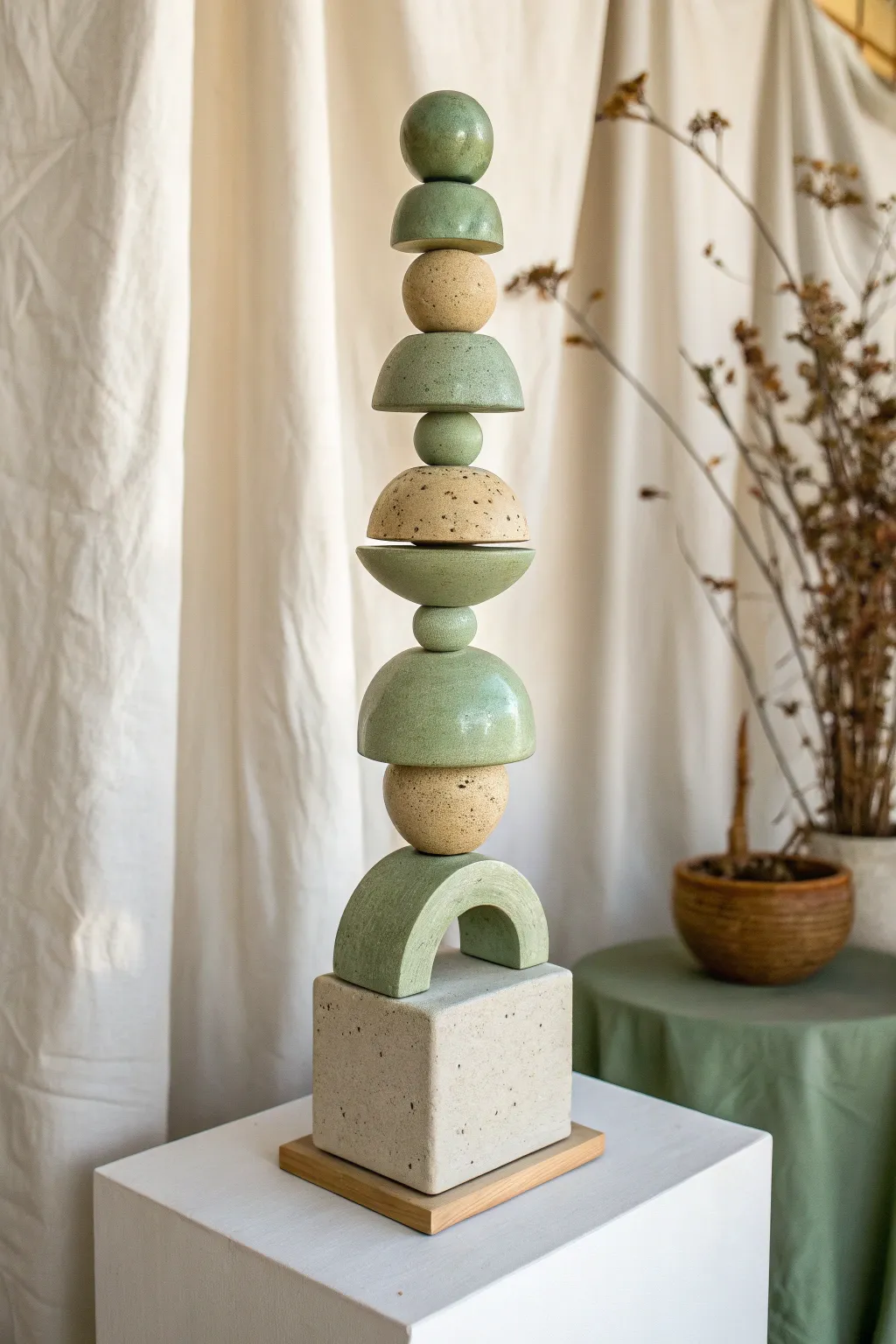 Stacked ceramic totem in calm, complementary glazes for a minimalist shelf-worthy statement.