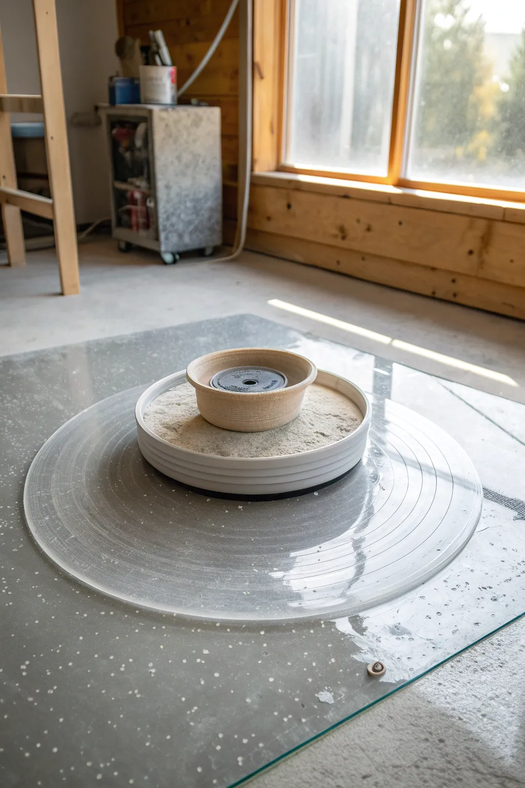 Easy-clean studio floor with a clear splash mat keeps clay mess contained and cleanup fast.