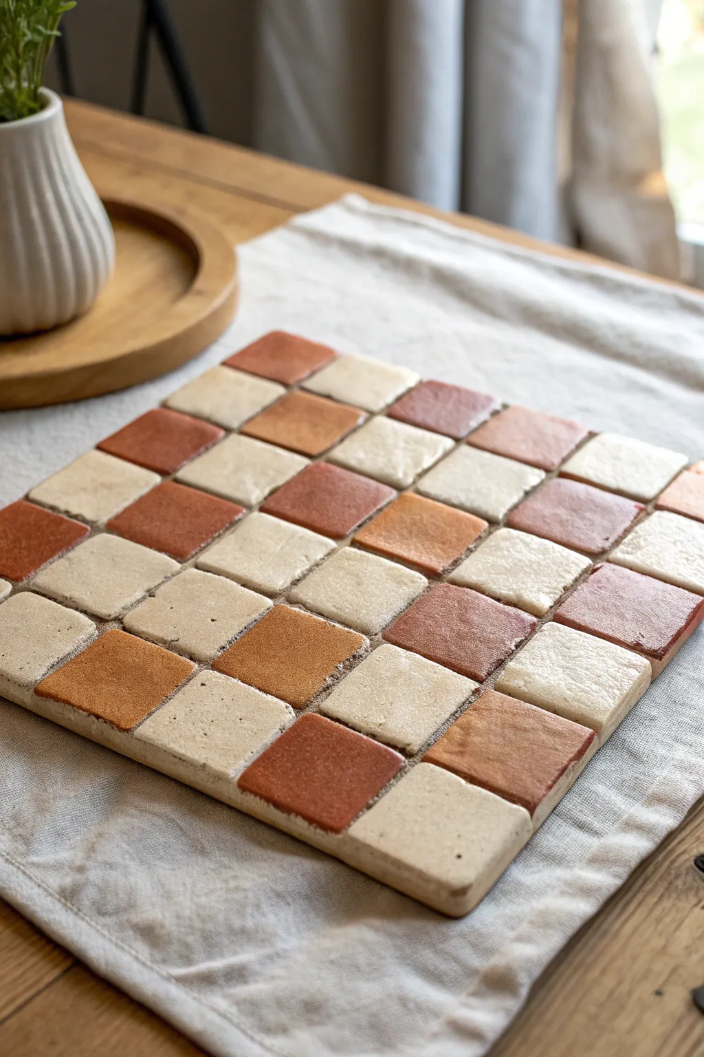 Two-tone checkerboard pottery tiles in cream and terracotta, softly styled for a calm tabletop vignette.