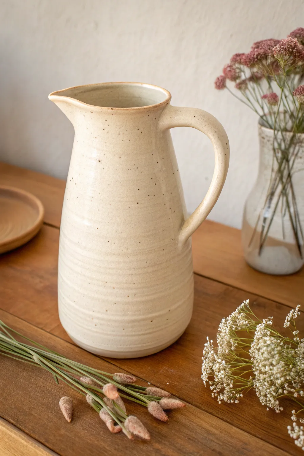 A crisp-spouted wheel-thrown pitcher with a simple handle and a hint of wildflowers.