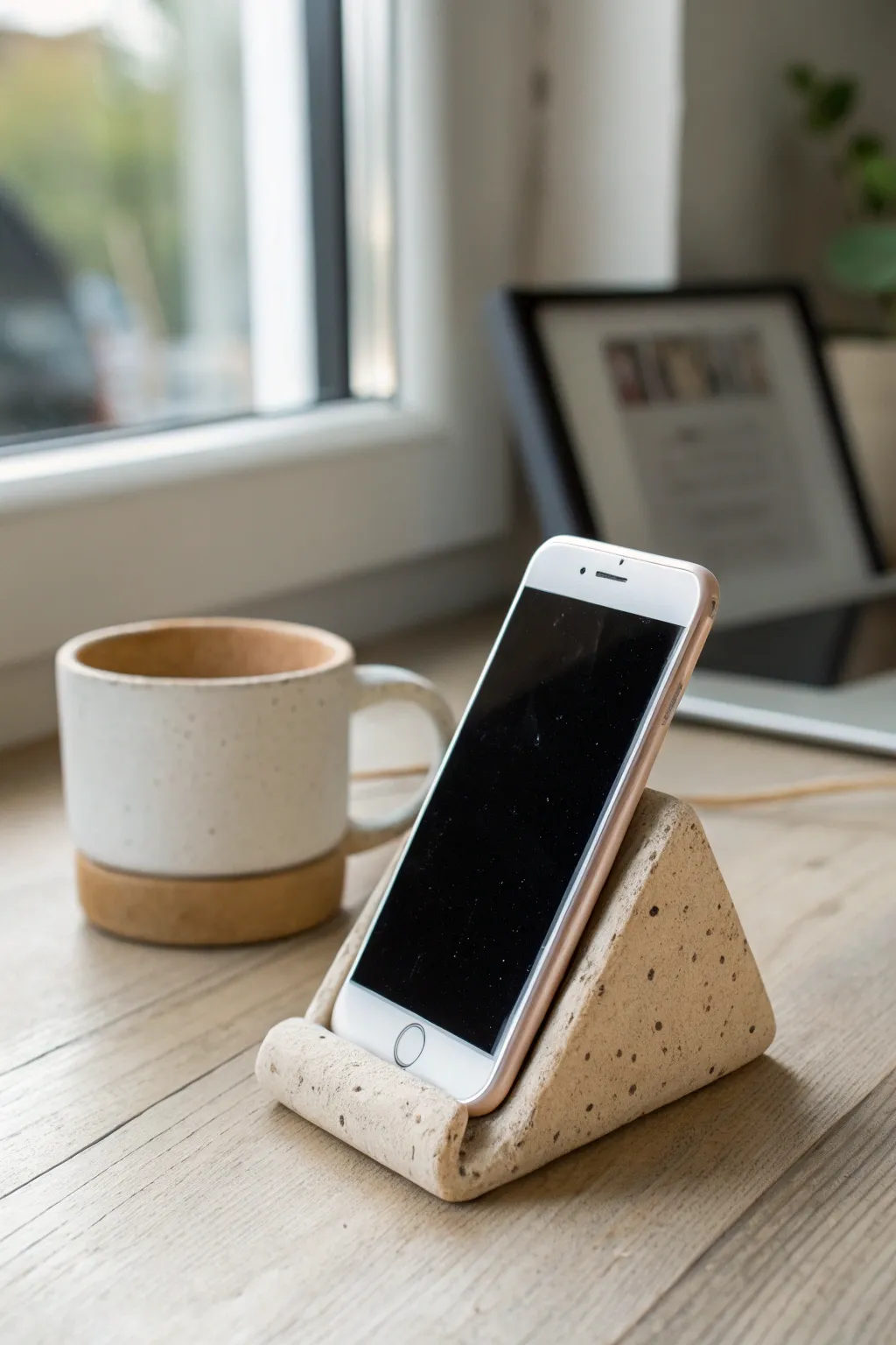 Pocket-sized clay phone stand in a simple wedge shape, styled for calm everyday desk use.
