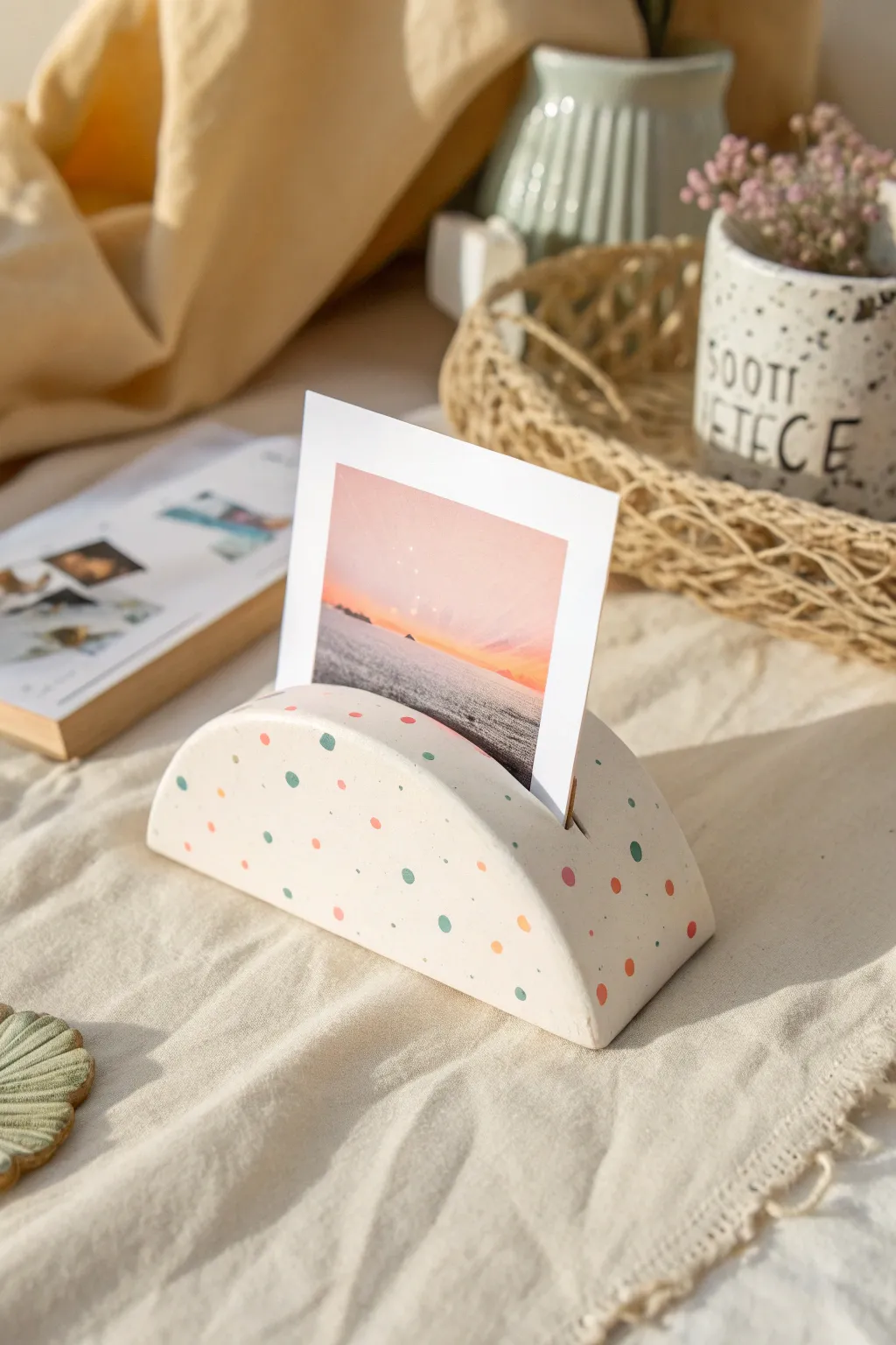 Preppy wavy photo holder in pastel polka dots, the cutest air dry clay desk accent.