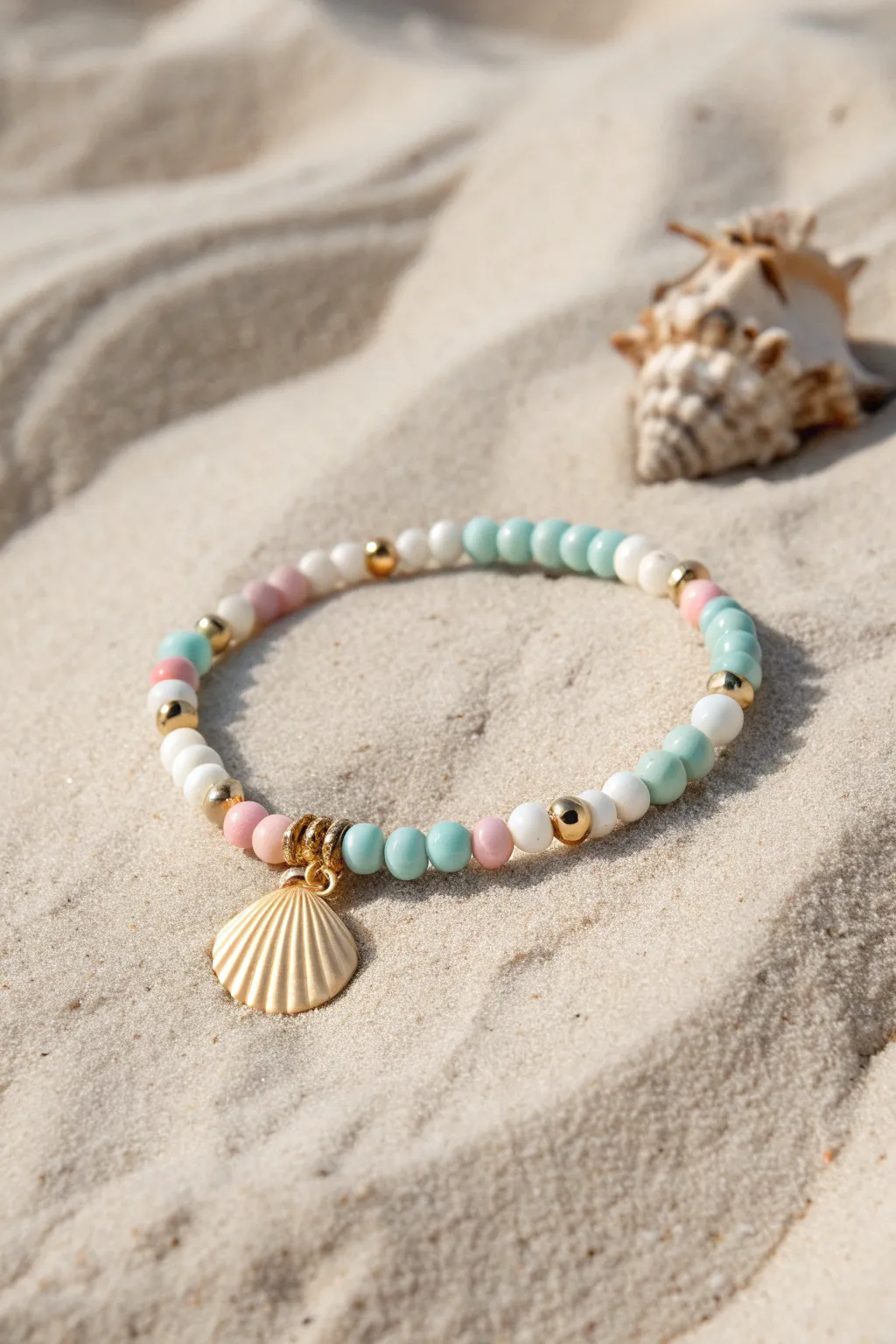 Coastal prep clay bead bracelet with a seashell centerpiece and tiny gold accents on linen