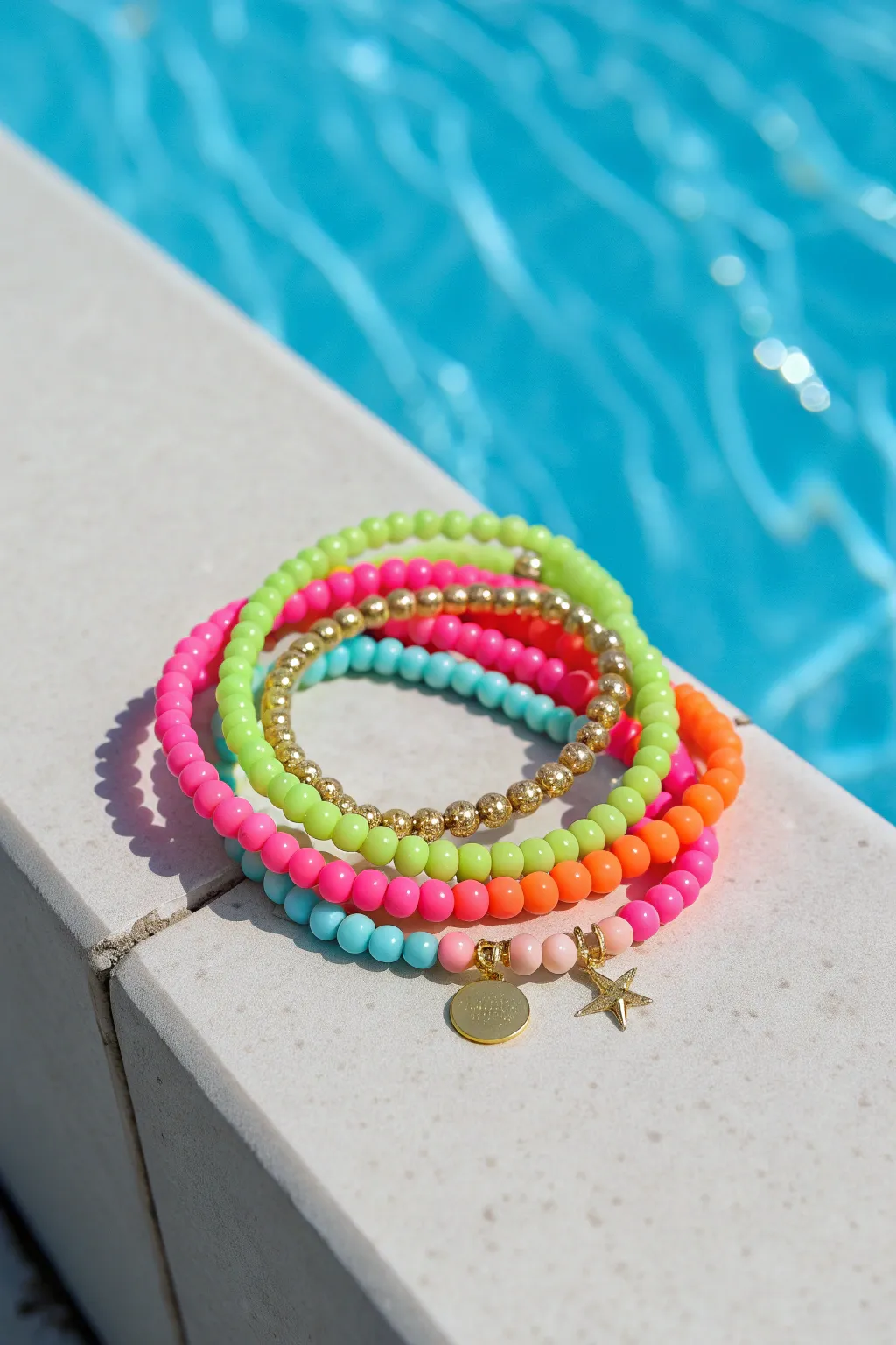 Neon clay bead pool-day stack with simple gold accents on a bright blue, summery backdrop