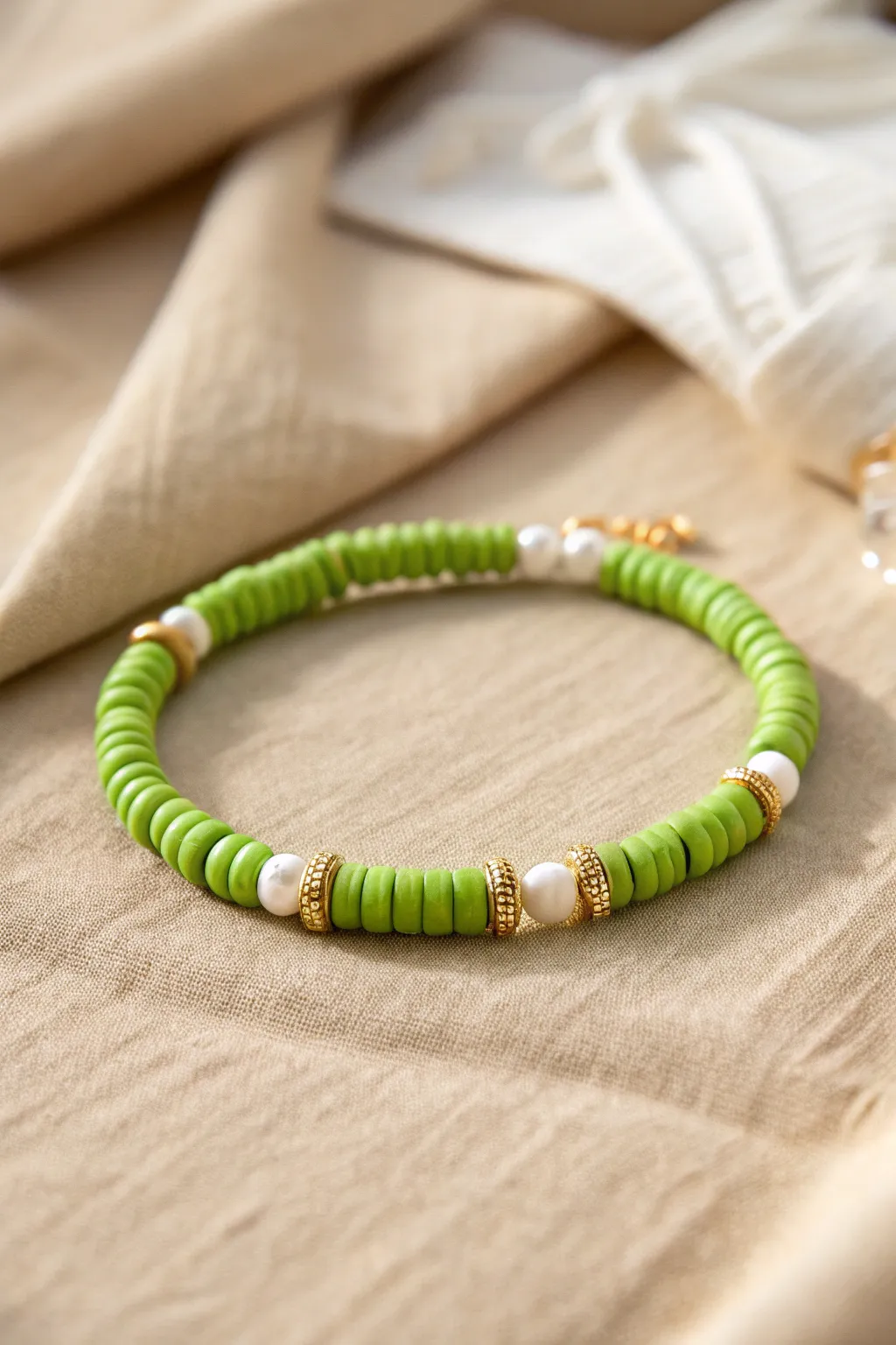 Lime green heishi bracelet with white and gold accents for a crisp, preppy summer pop.