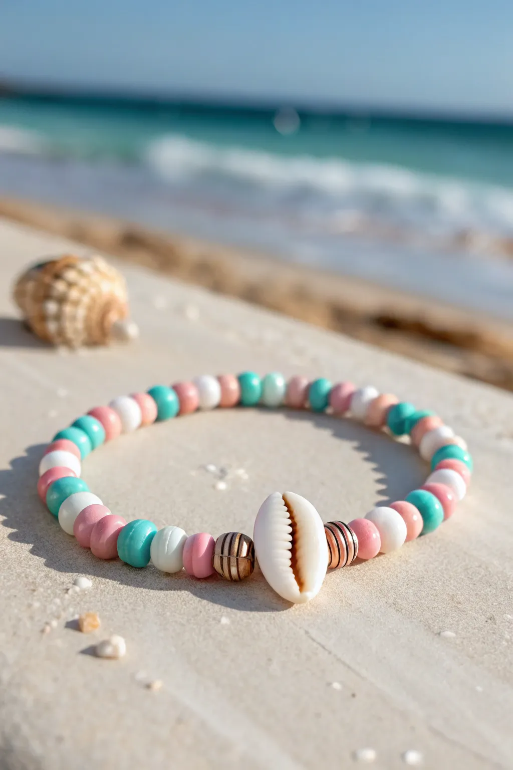 Cowrie shell focal bracelet with turquoise, white, and pink stripes for a bright preppy summer look