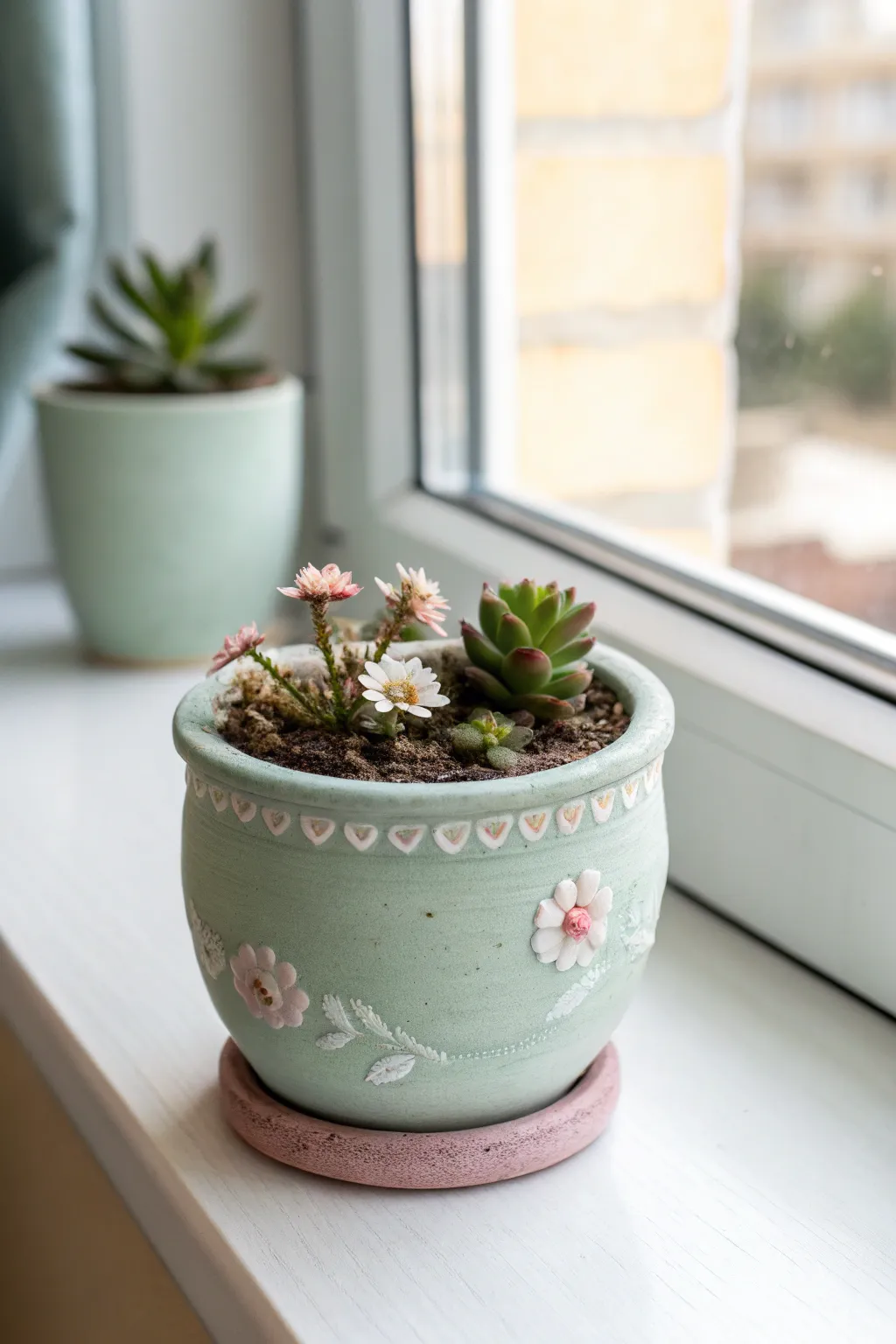 Sage green mini succulent planter with tiny pink and white flowers, bright and cozy on a windowsill.