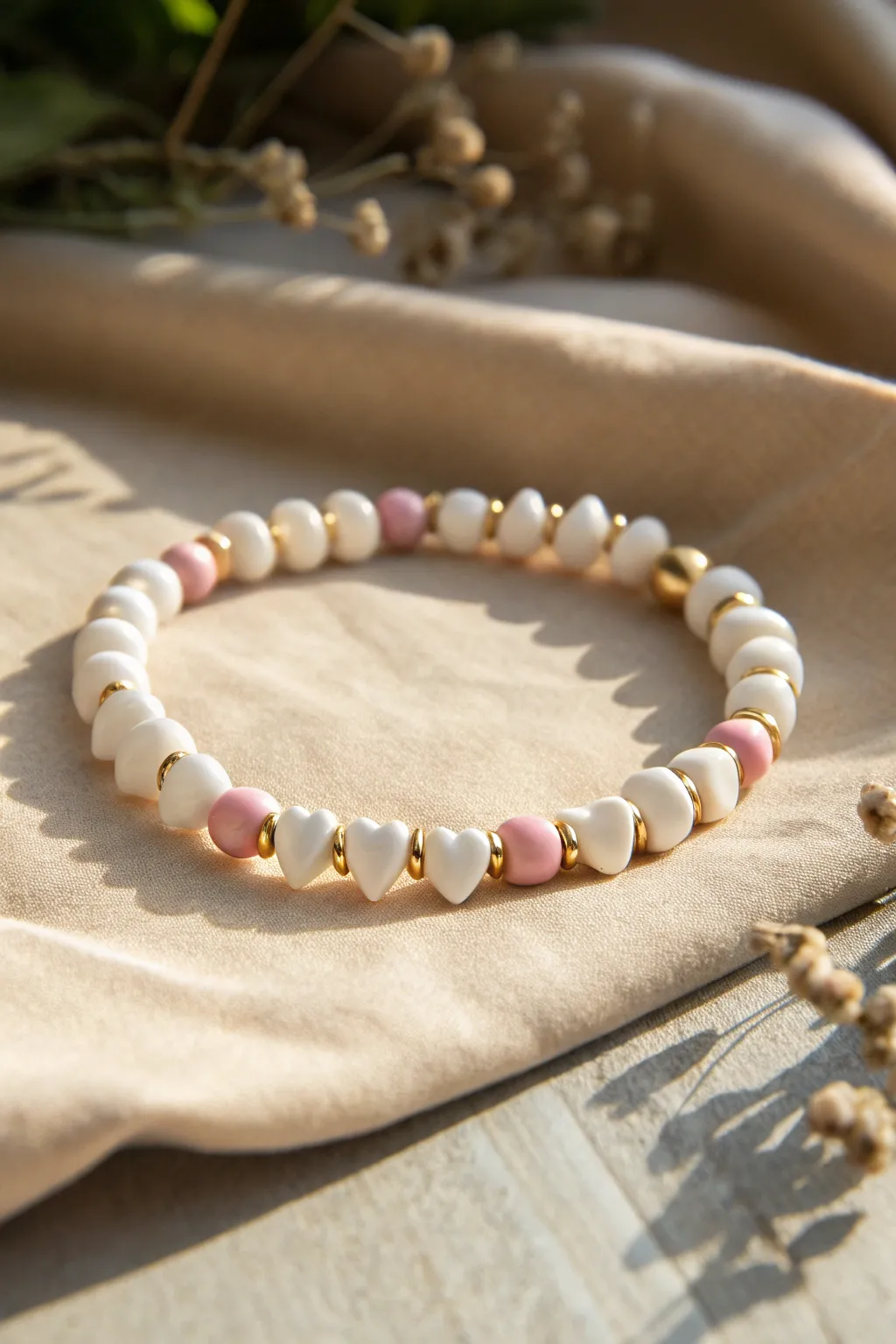 Preppy cute clay bead bracelet: crisp white beads, tiny heart accents, and gold spacers