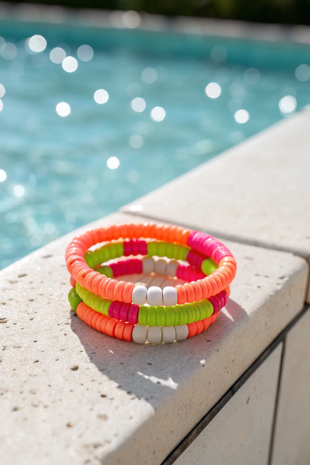 Neon citrus clay bead bracelet by the pool, bright, preppy, and perfectly summer-ready.