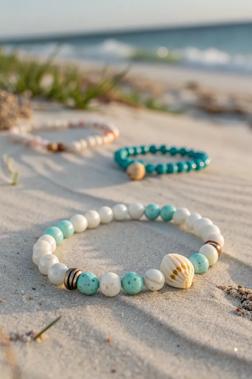 Beachy preppy clay bead bracelet with a tiny shell charm, styled on sand in soft pastels.