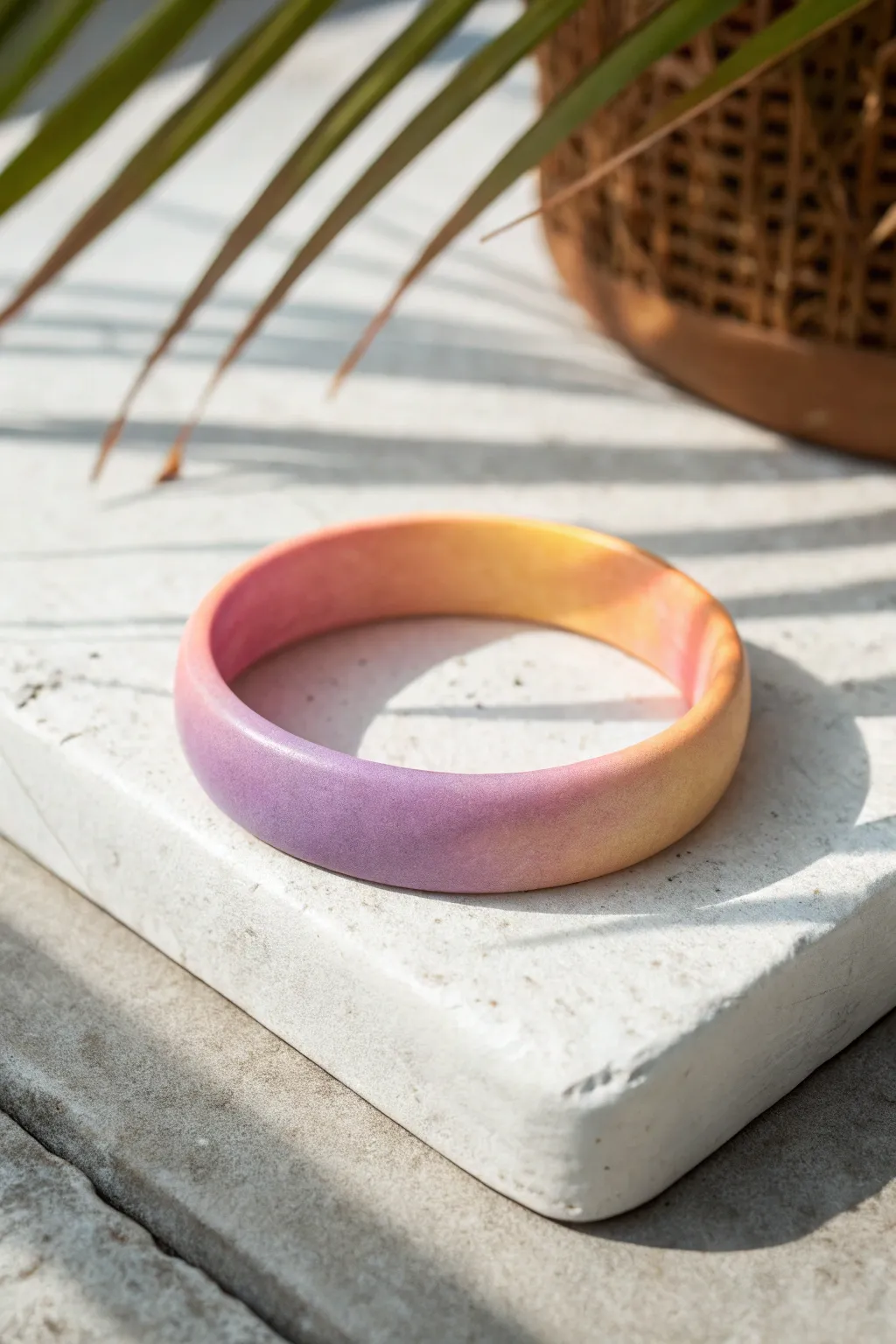Sunset ombre clay bracelet in golden yellow to purple, clean minimal styling and warm glow.