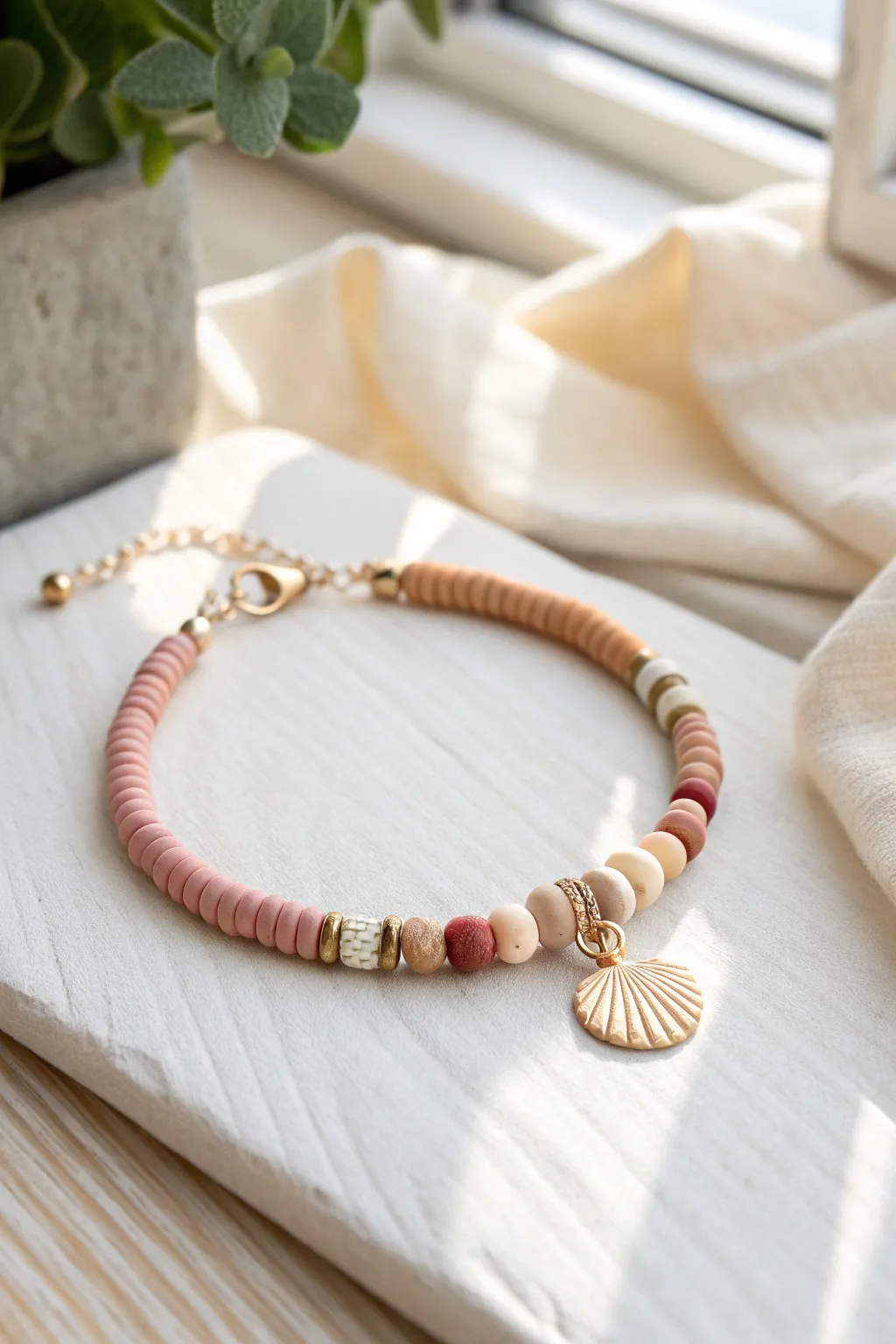Minimal clay heishi bracelet in soft tones with one sweet charm centerpiece, bright and handmade
