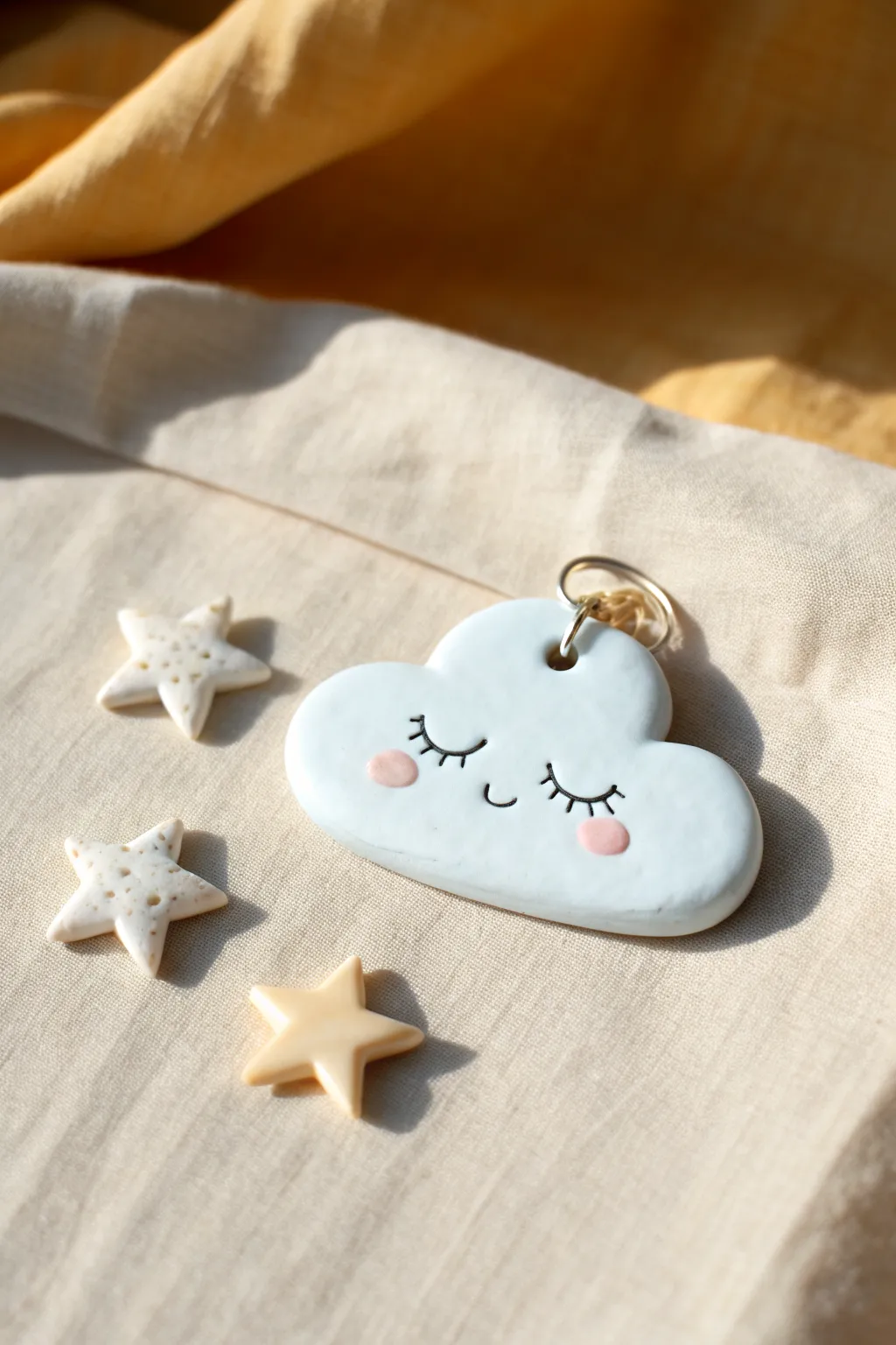Dreamy puffy cloud charm in soft blues and whites, minimalist and handmade with tiny stars