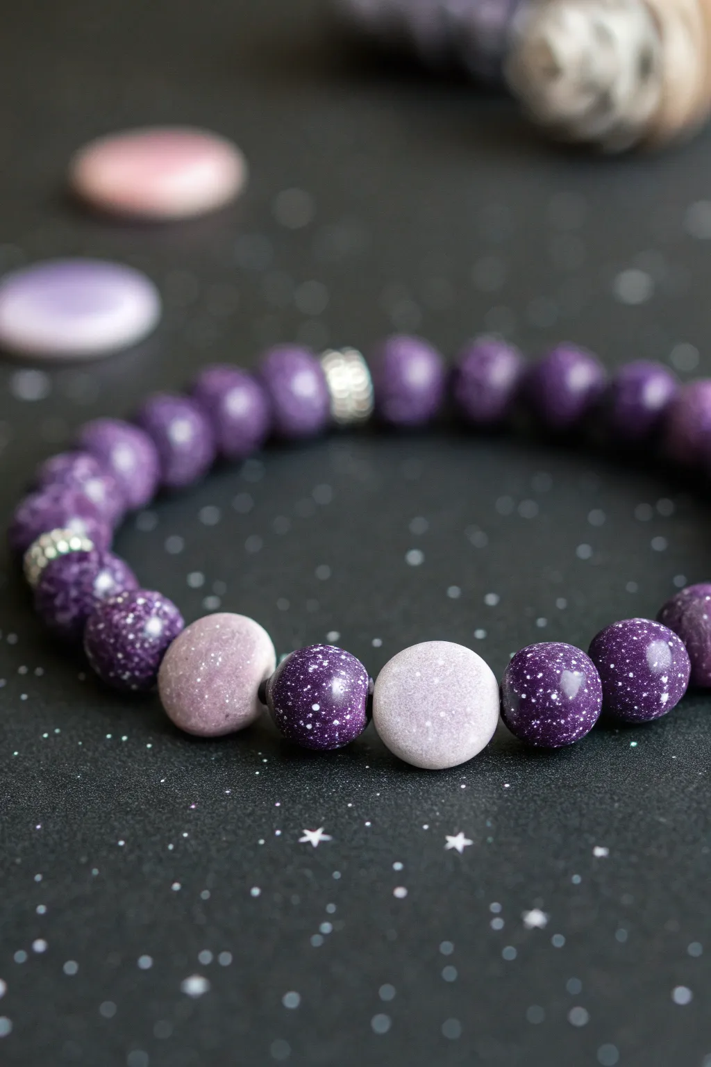 Galaxy speckle purple clay bead bracelet with starry dots for a sleek night-sky look.