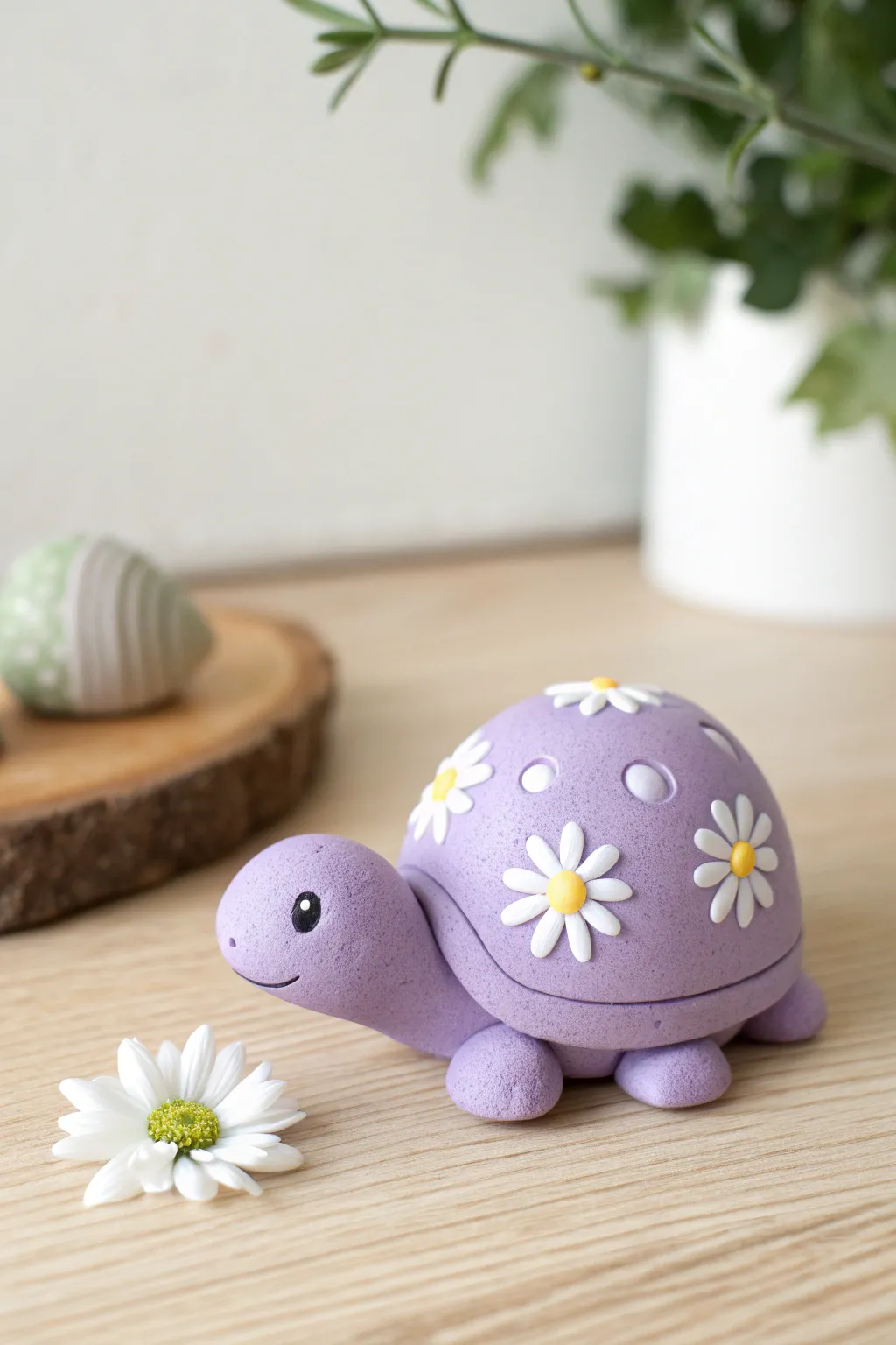 Lavender clay turtle with a simple floral shell, styled on pale wood for a soft minimal look.