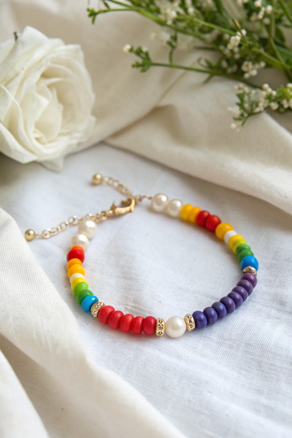 Rainbow clay bead bracelet with pearl accents on soft linen for a sweet minimalist look