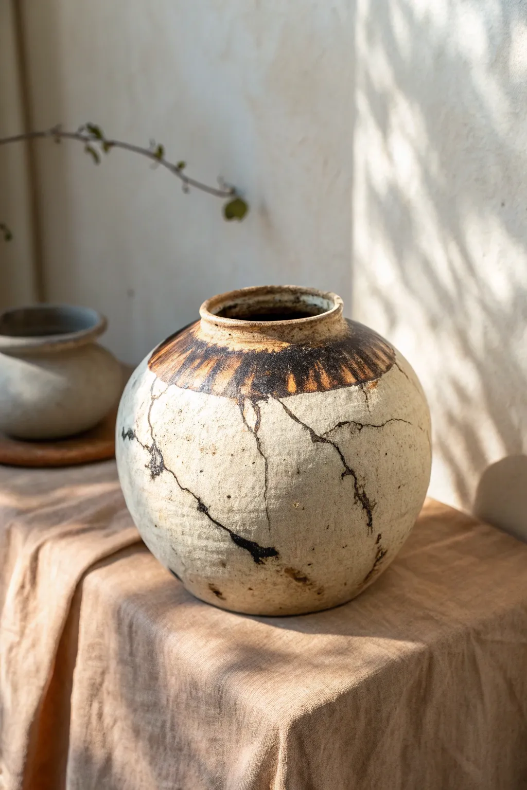 Wabi-sabi raku moon jar with torn rim texture and bold smoky patterns in calm Nordic-boho light