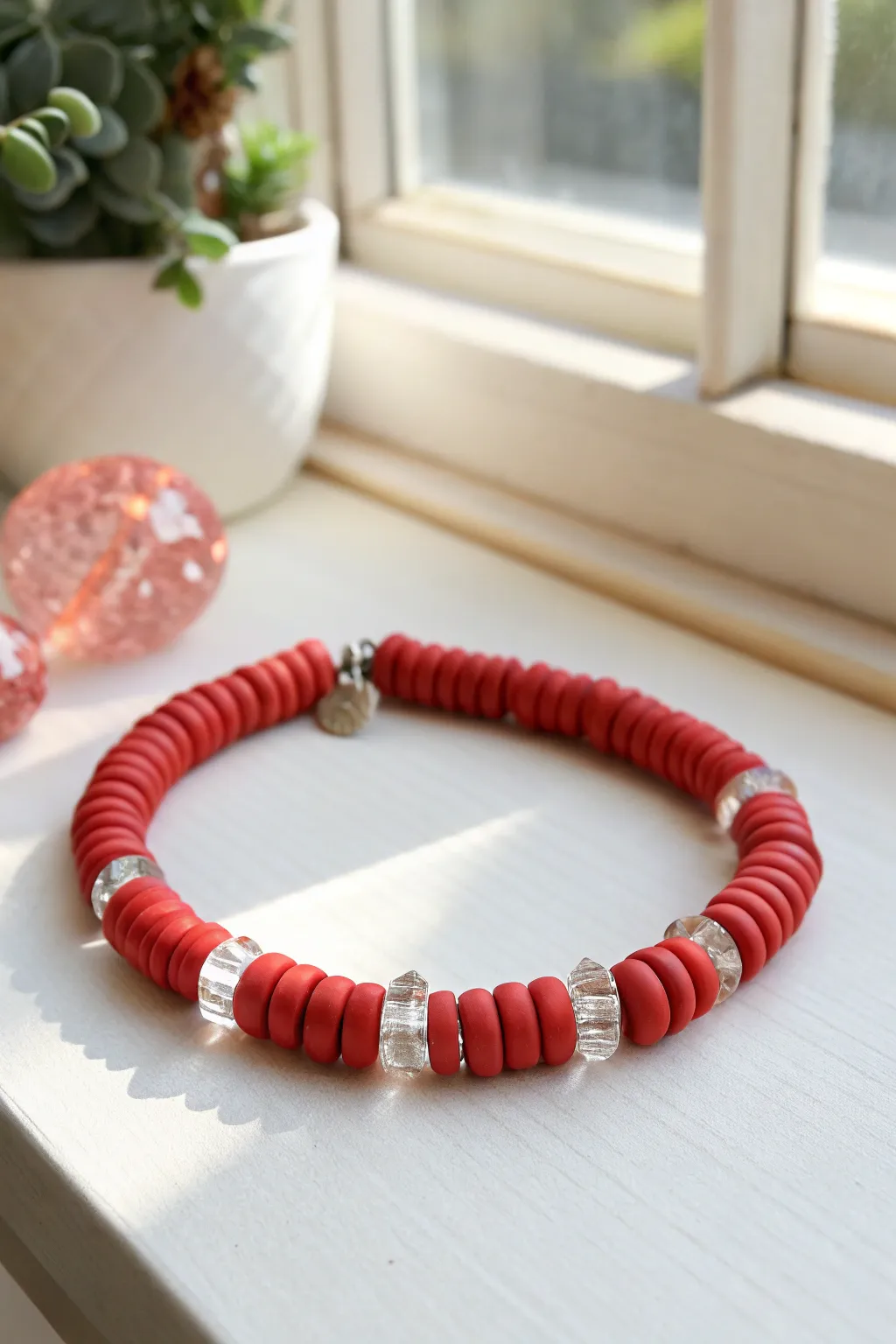Red heishi bracelet with clear sparkle accents, glowing in soft window light for a chic pop.