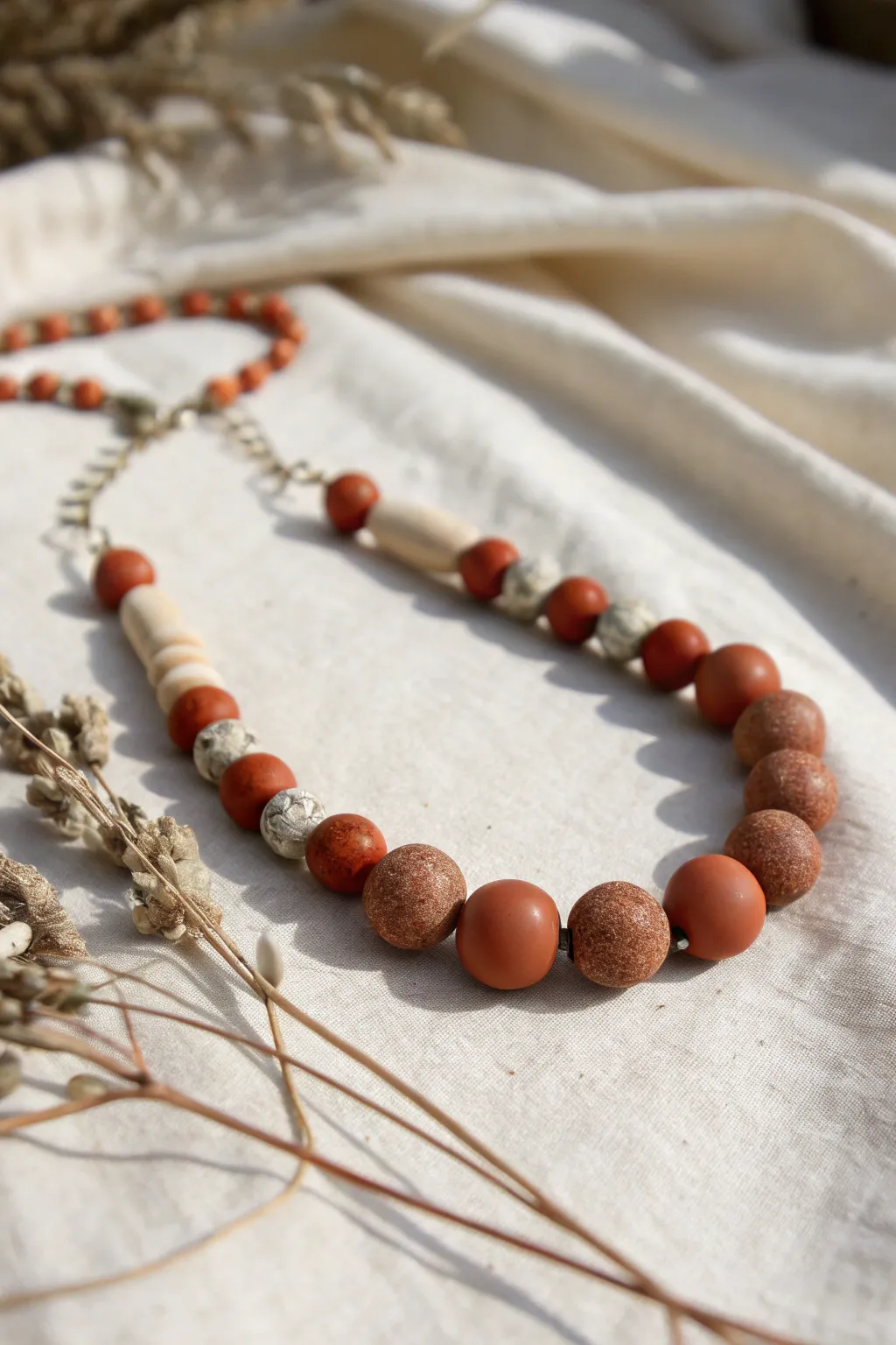 Handmade terracotta red clay beads with neutral spacers for a simple, earthy jewelry strand