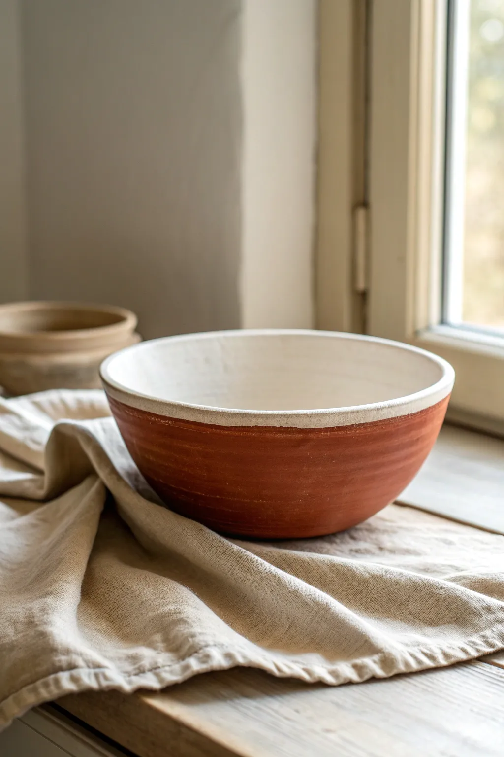 Handmade terracotta bowl with a crisp white-dipped rim, minimalist contrast with a soft boho feel.