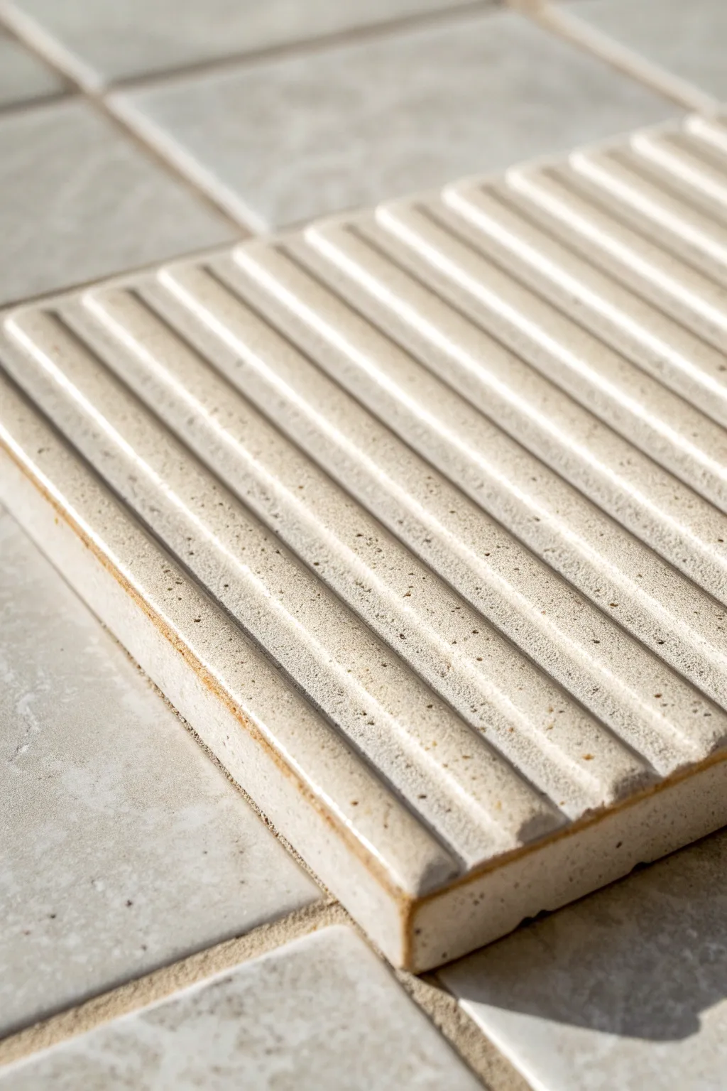 Simple reeded relief tile with calm vertical rhythm and matte glaze for modern, tactile texture