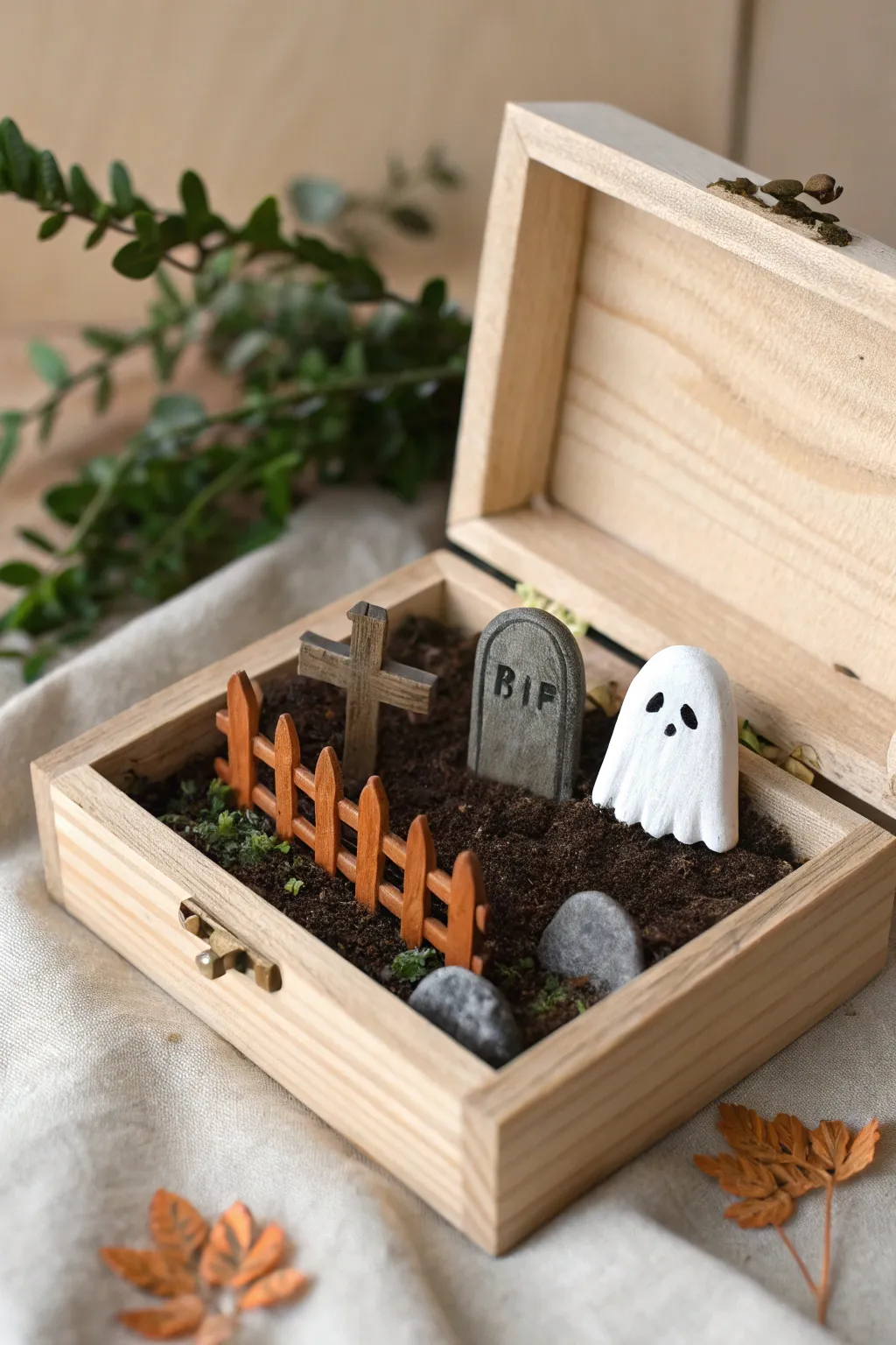 Spooky-cute mini graveyard box diorama in clay, perfect for minimalist Halloween decor.