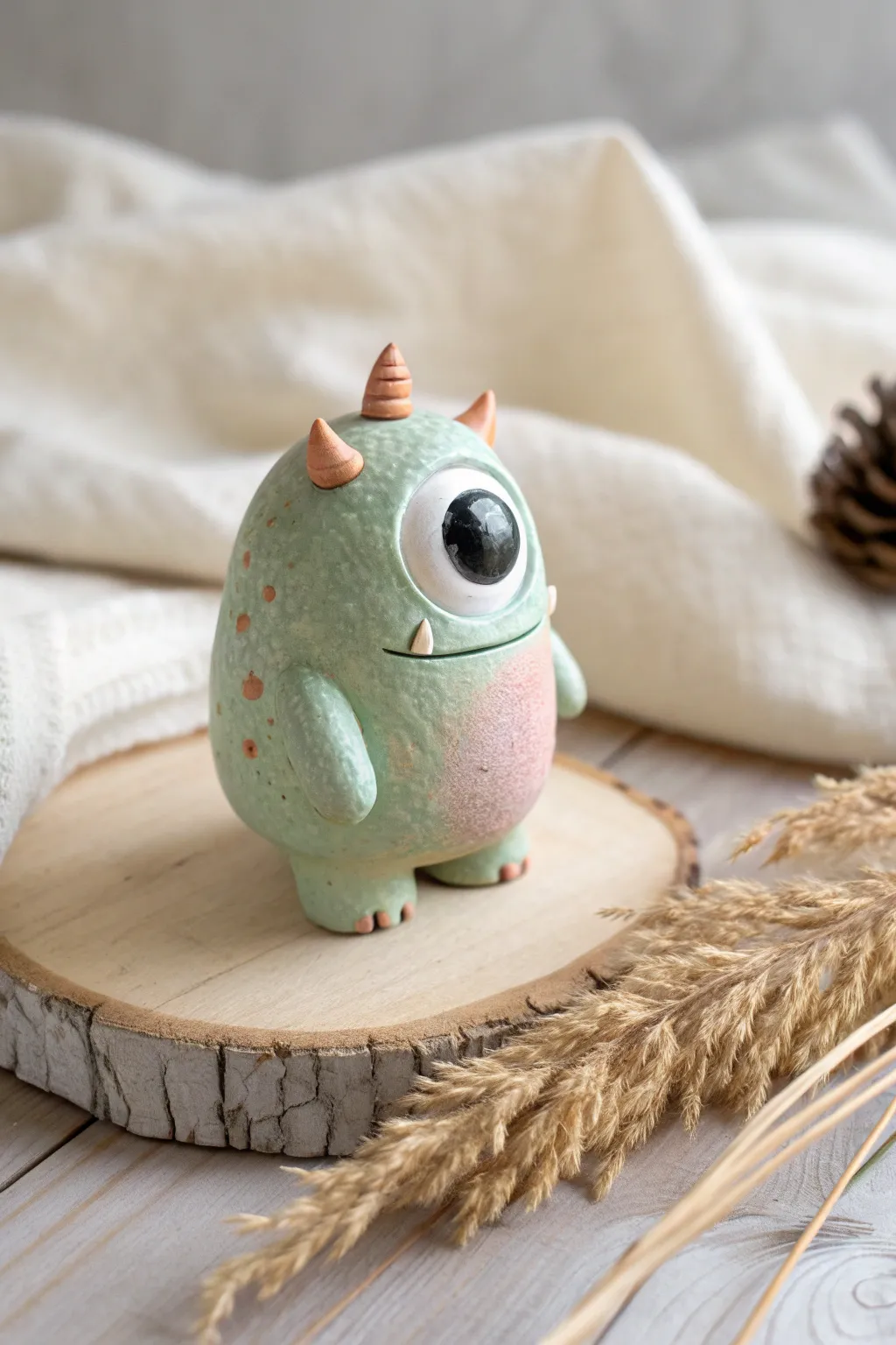 Pocket-size one-eyed clay monster desk buddy, minimalist Scandinavian style with a cozy boho touch.