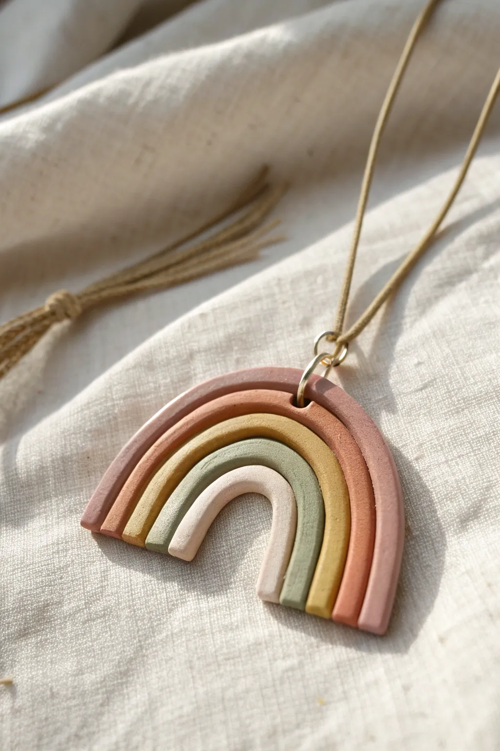 Beginner-friendly rainbow arch pendant in soft earthy pastels, minimal and beautifully handmade