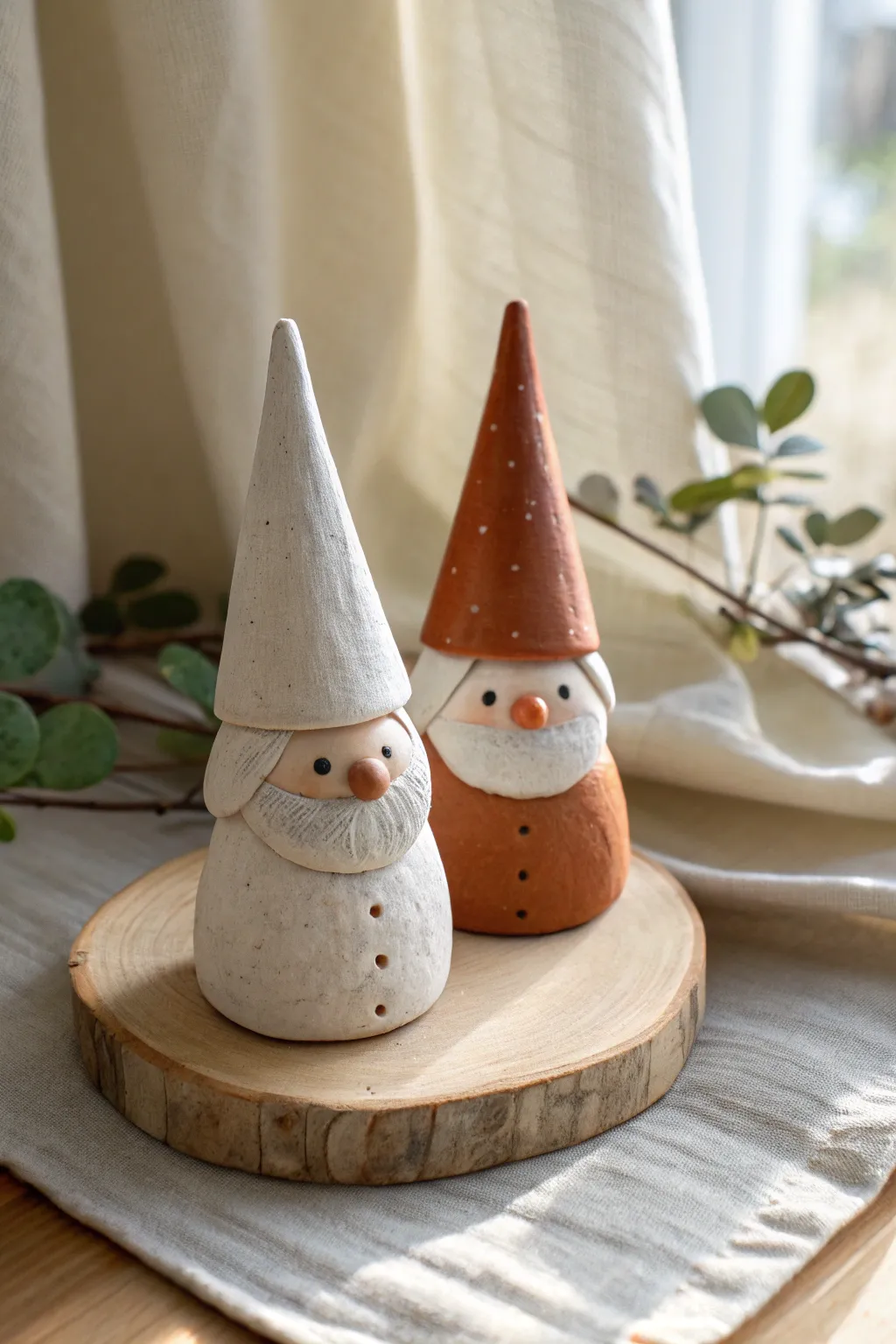 Cute mini clay gnome duo with tall hats, perfect for an easy, fun sculpture display.