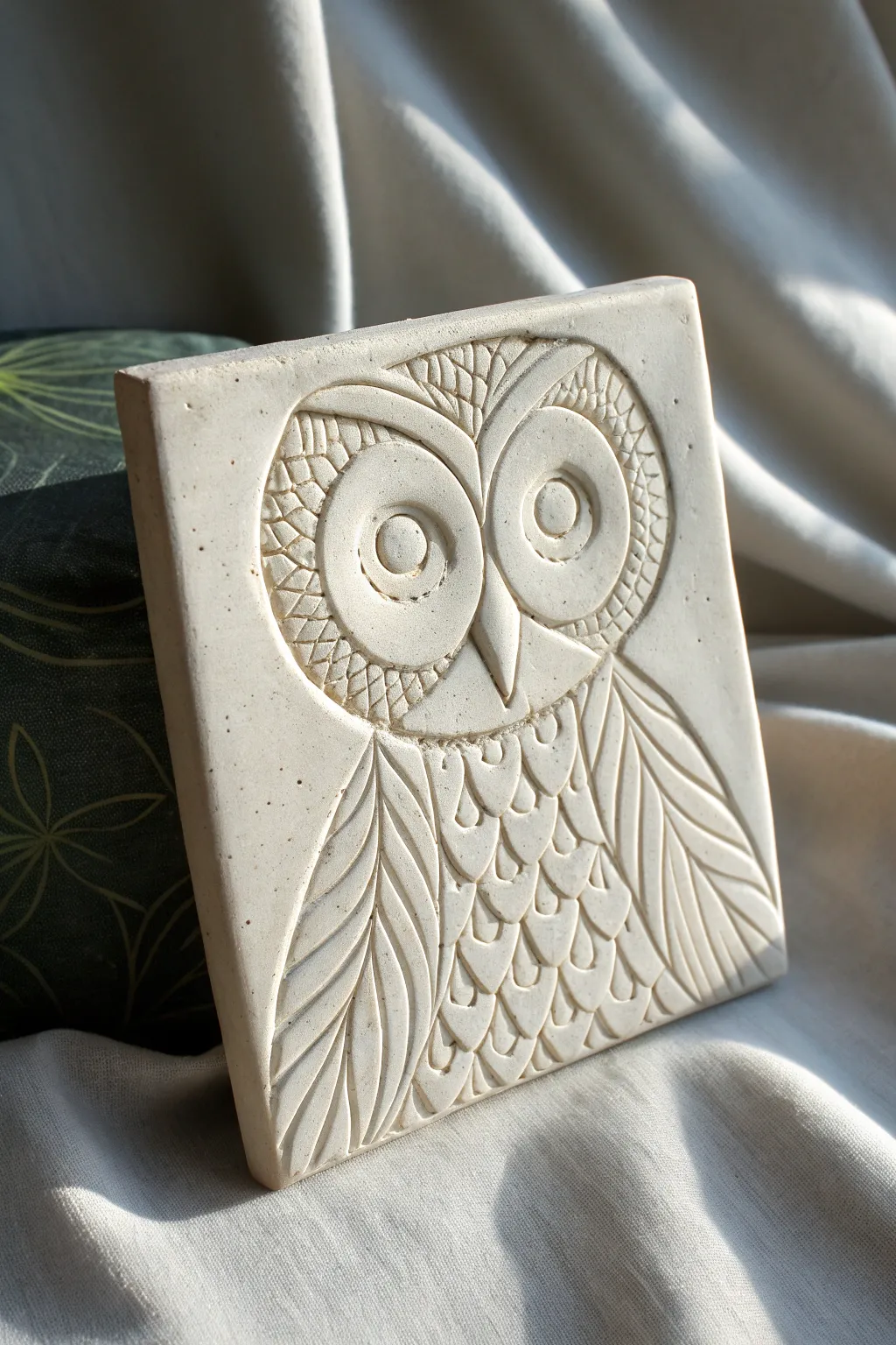 Handmade clay relief tile with an owl portrait, crisp lines and stamped texture in minimalist style.
