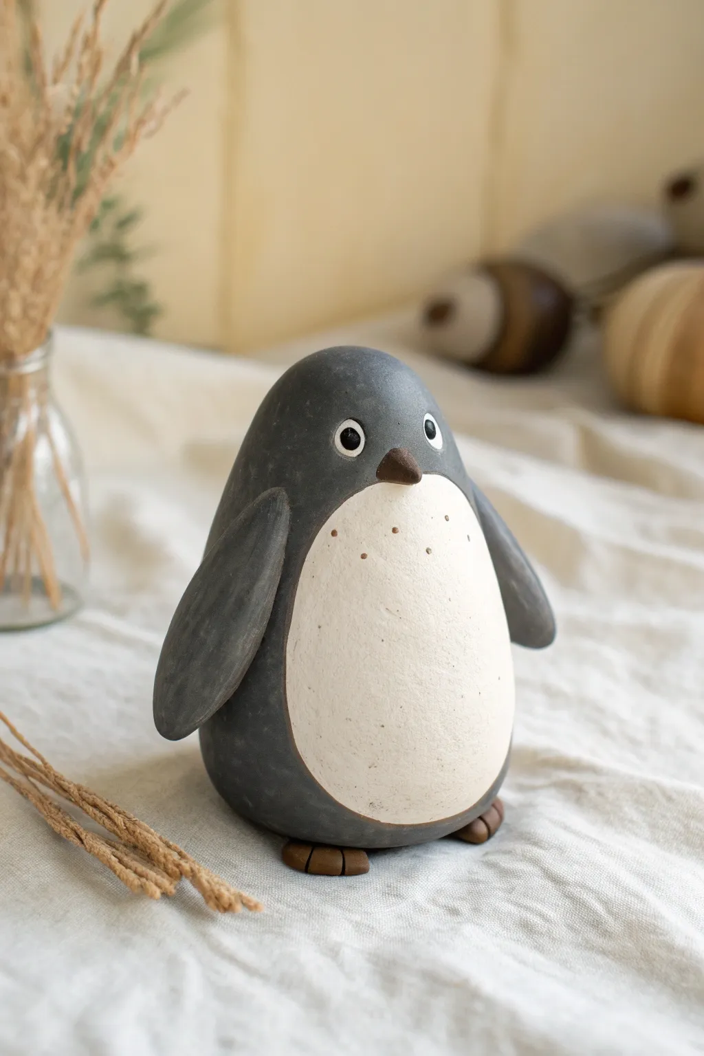 Chubby little clay penguin with tiny wings, a simple sculpt that looks adorable on any shelf.