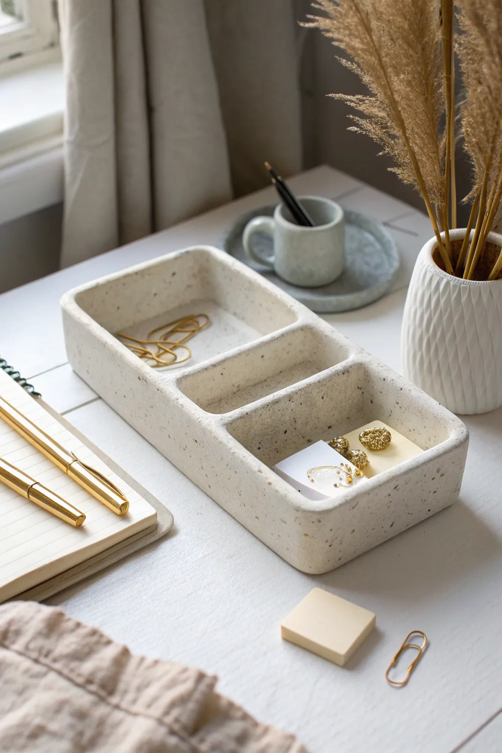 DIY self hardening clay divider tray that keeps pens and clips tidy in minimalist style
