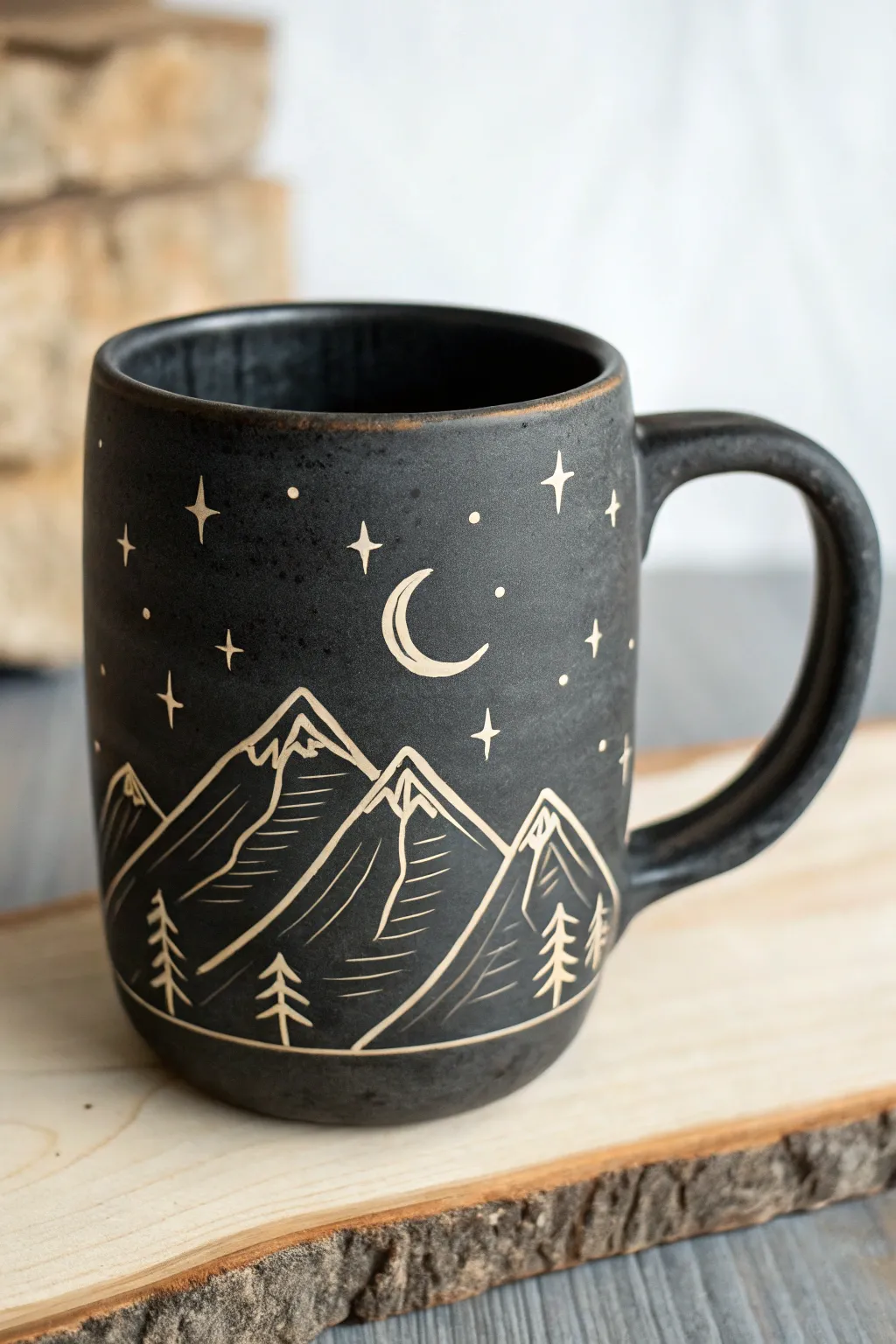 Minimal sgraffito mug with moonlit mountains and stars, high-contrast and cozy Scandinavian.