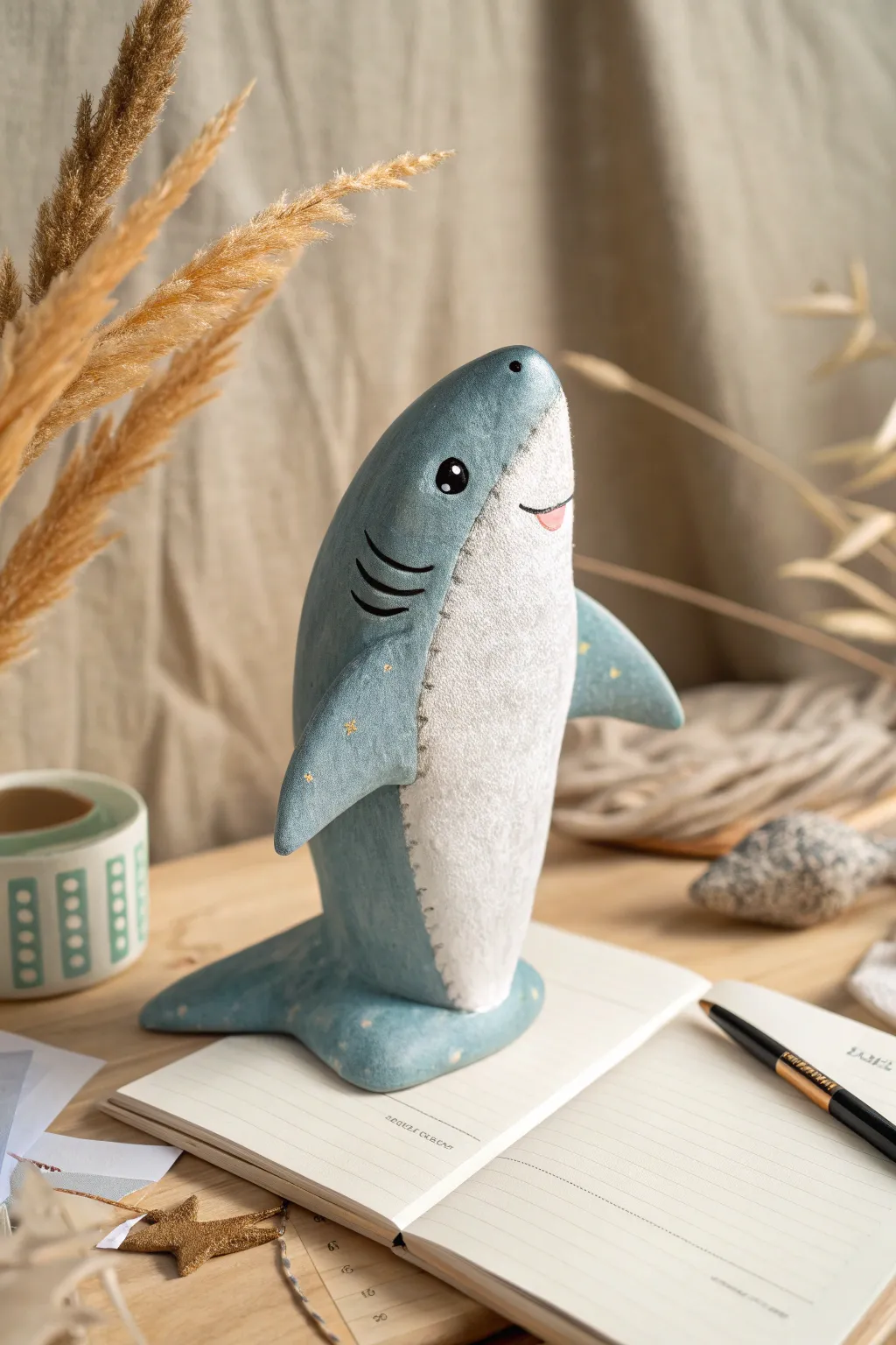 A big-fin clay shark desk buddy that adds playful calm to your Scandinavian boho workspace.