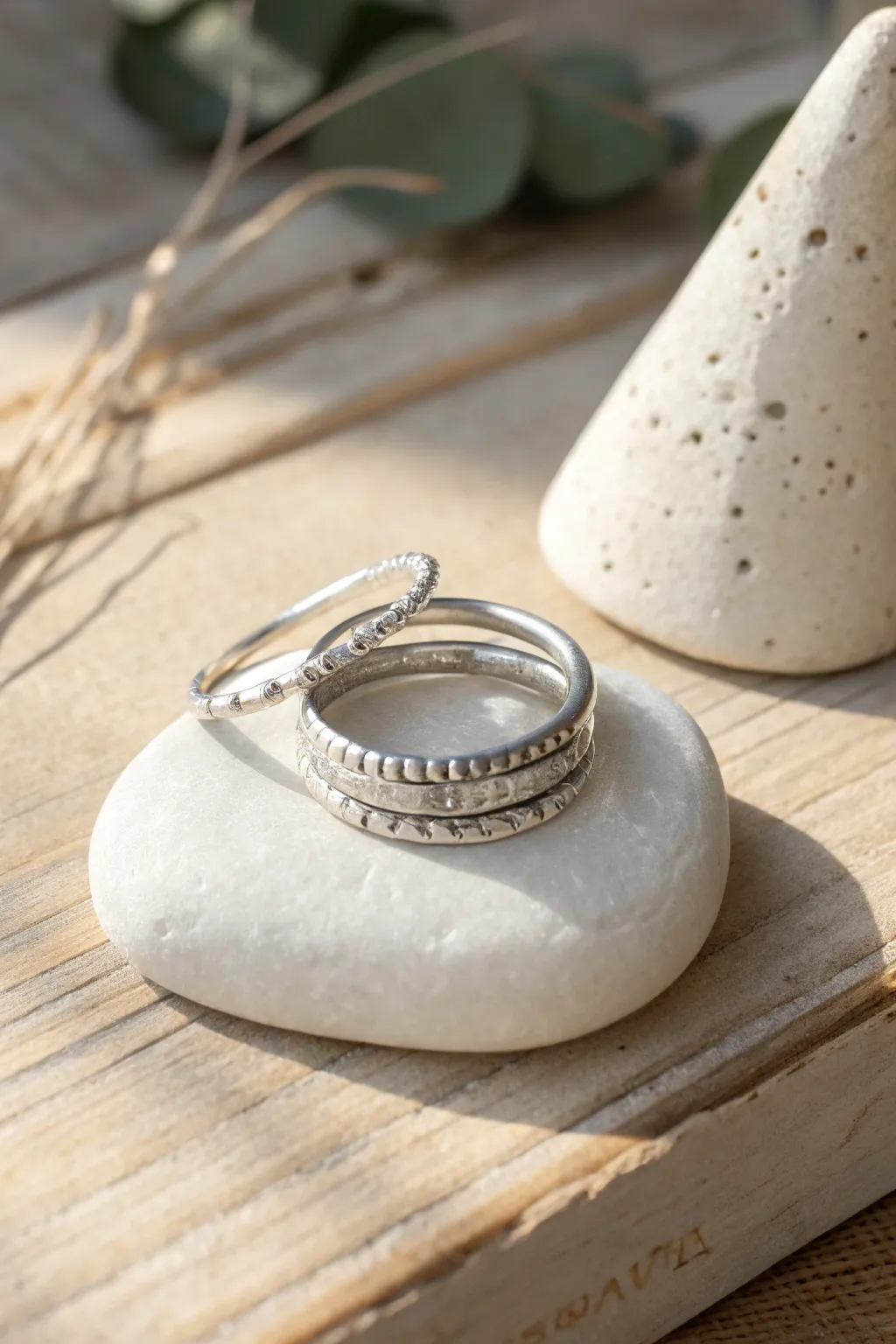 Minimalist stacked silver clay rings with dotted, lined, and bark textures for everyday wear