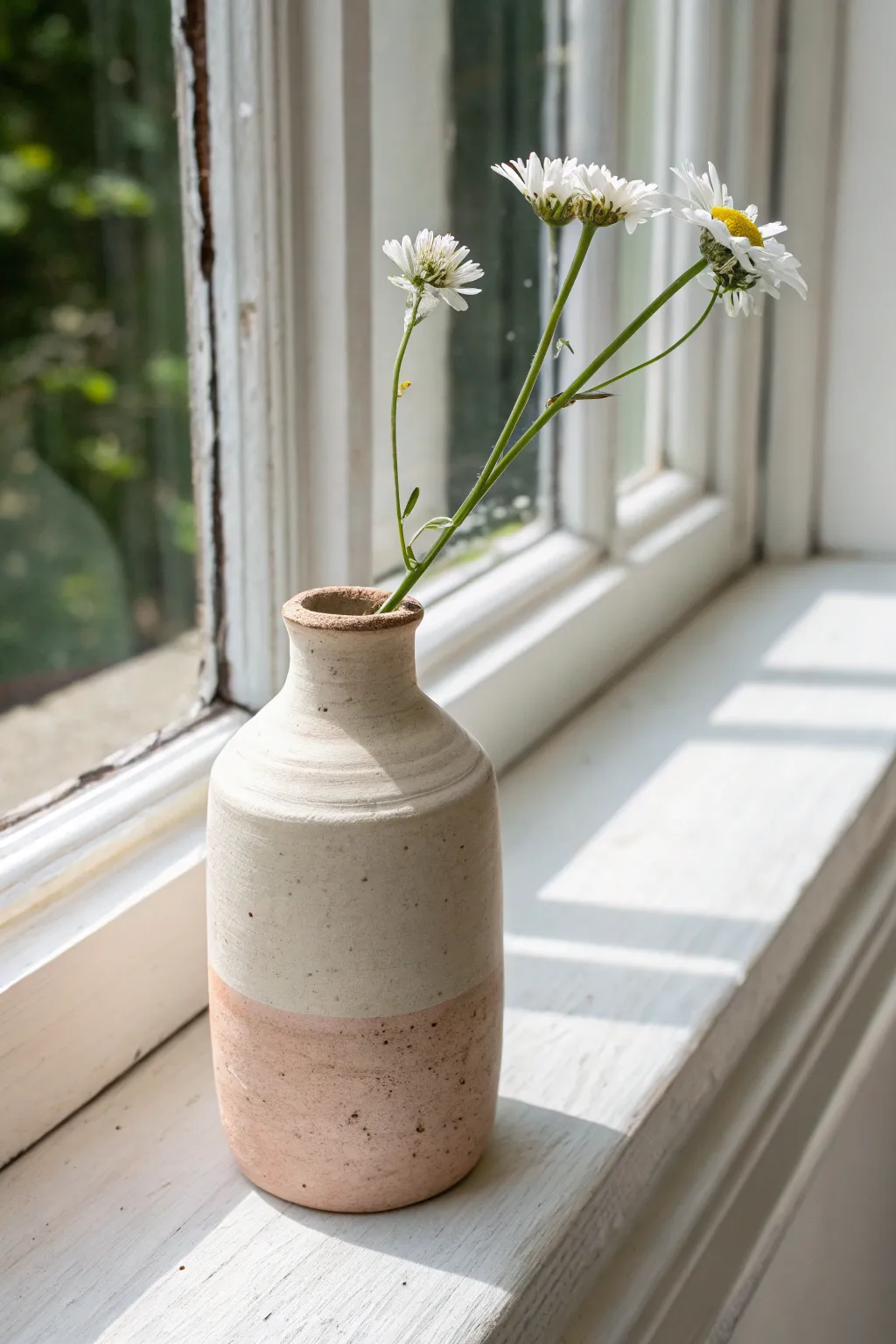 Tiny air dry clay bud vase wrap, bottle-style, minimalist and sweet on a sunlit sill.