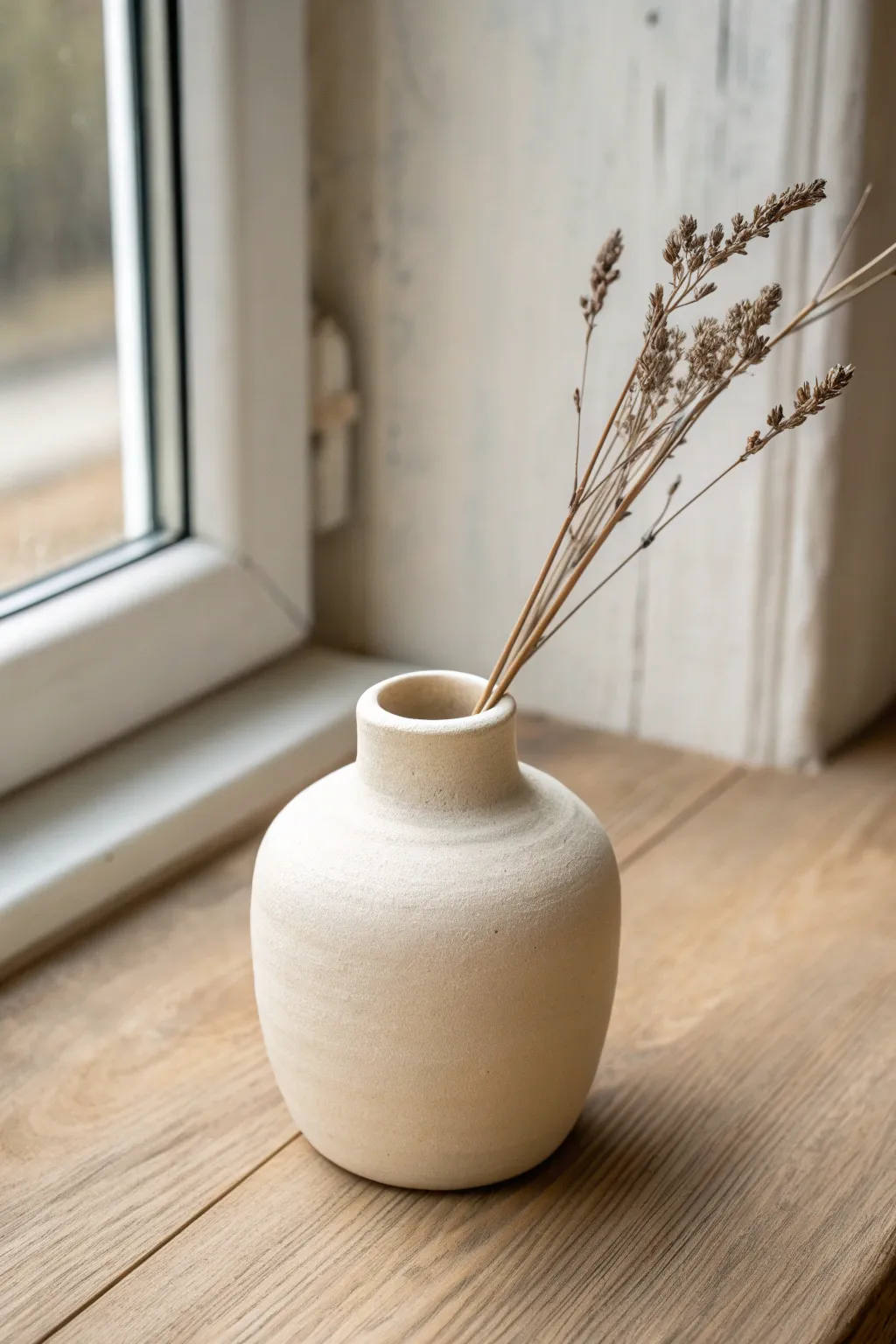 Tiny air dry clay bud vase cover in matte warm white, styled simply with one dried stem
