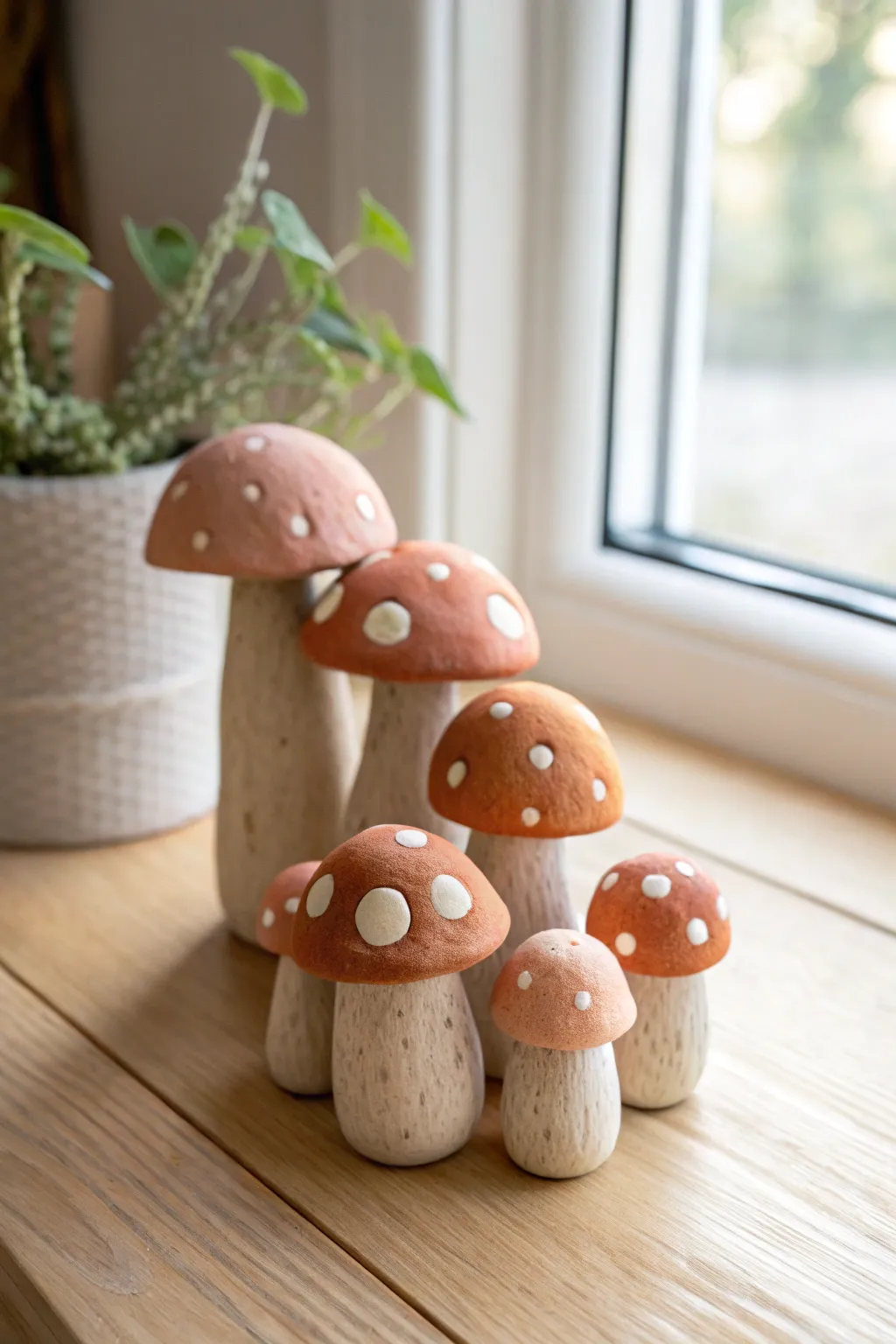 Tiny clay mushroom buddies for a cozy minimal shelf moment, warm wood, soft neutrals, sweet charm.
