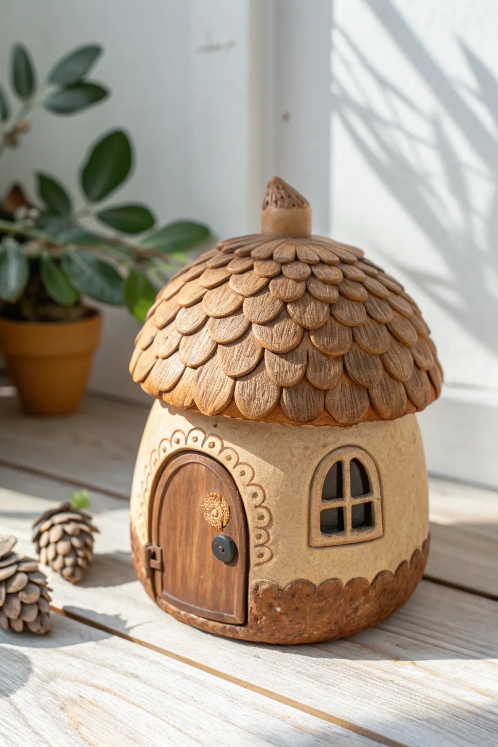Warm clay fairy house with acorn-cap roof, minimalist boho charm for cozy woodland decor.