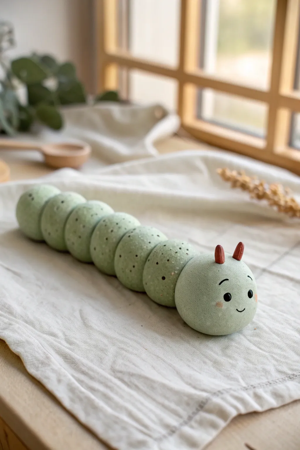 Easy segmented clay caterpillar: simple balls, tiny face and nub feet, cute and minimal.