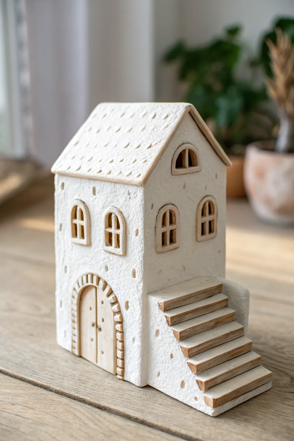 Simple two-story clay mini house with outside stairs and soft boho paint accents.