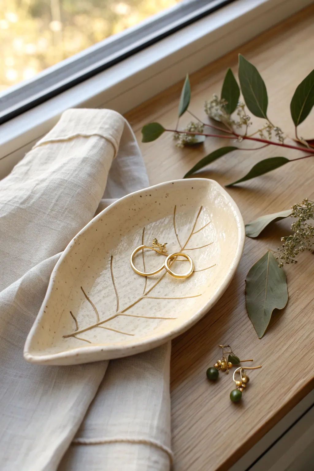 Little leaf dish with pressed veins and a smooth finish, perfect for holding tiny earrings.