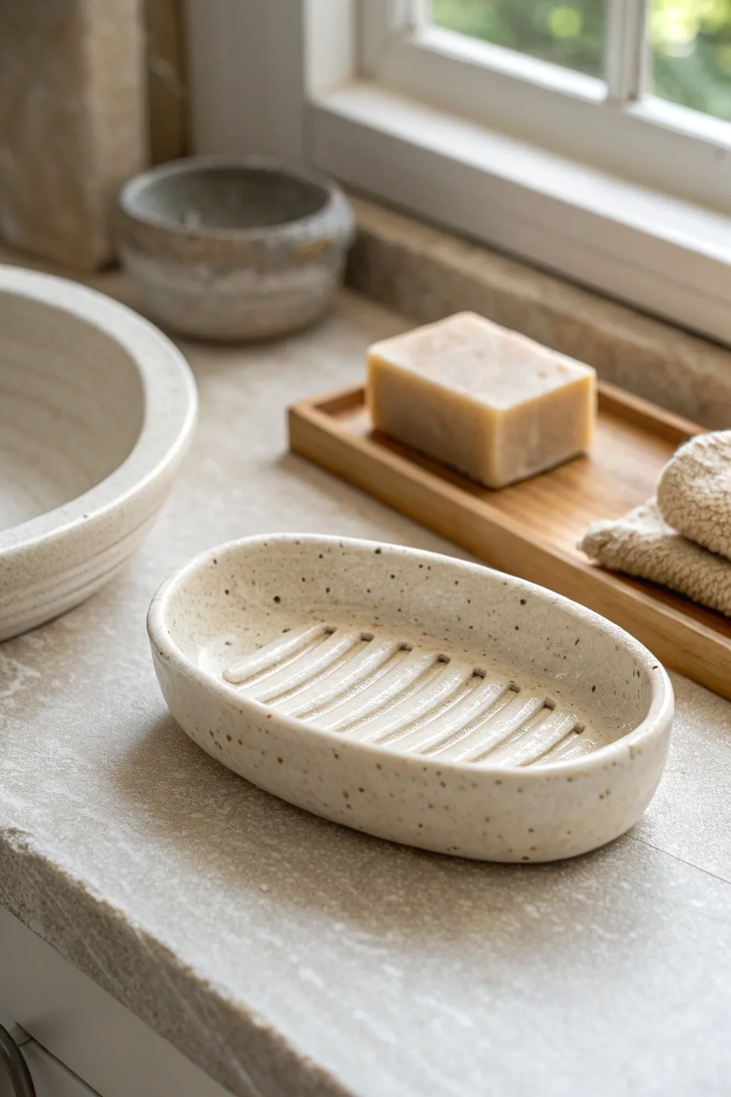 Easy ridged clay soap dish in a matte finish, a simple DIY that elevates any bathroom sink.