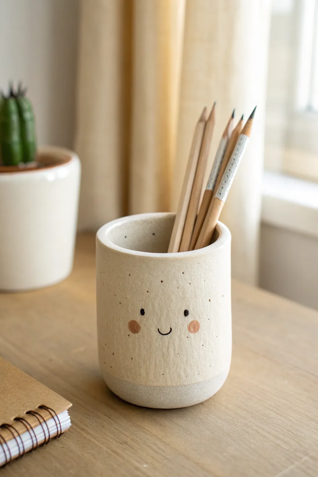 Beginner-friendly face cup pencil holder, minimal and cozy with natural textures and contrast