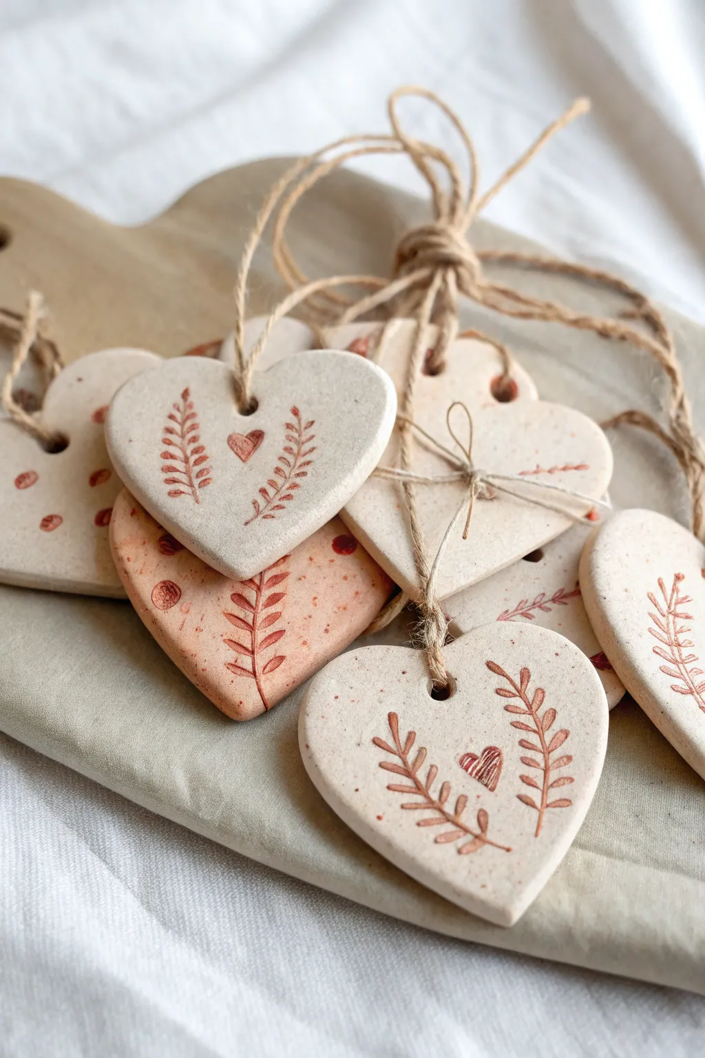 Sweet clay heart ornaments with easy imprints and soft boho details, perfect for kids to make