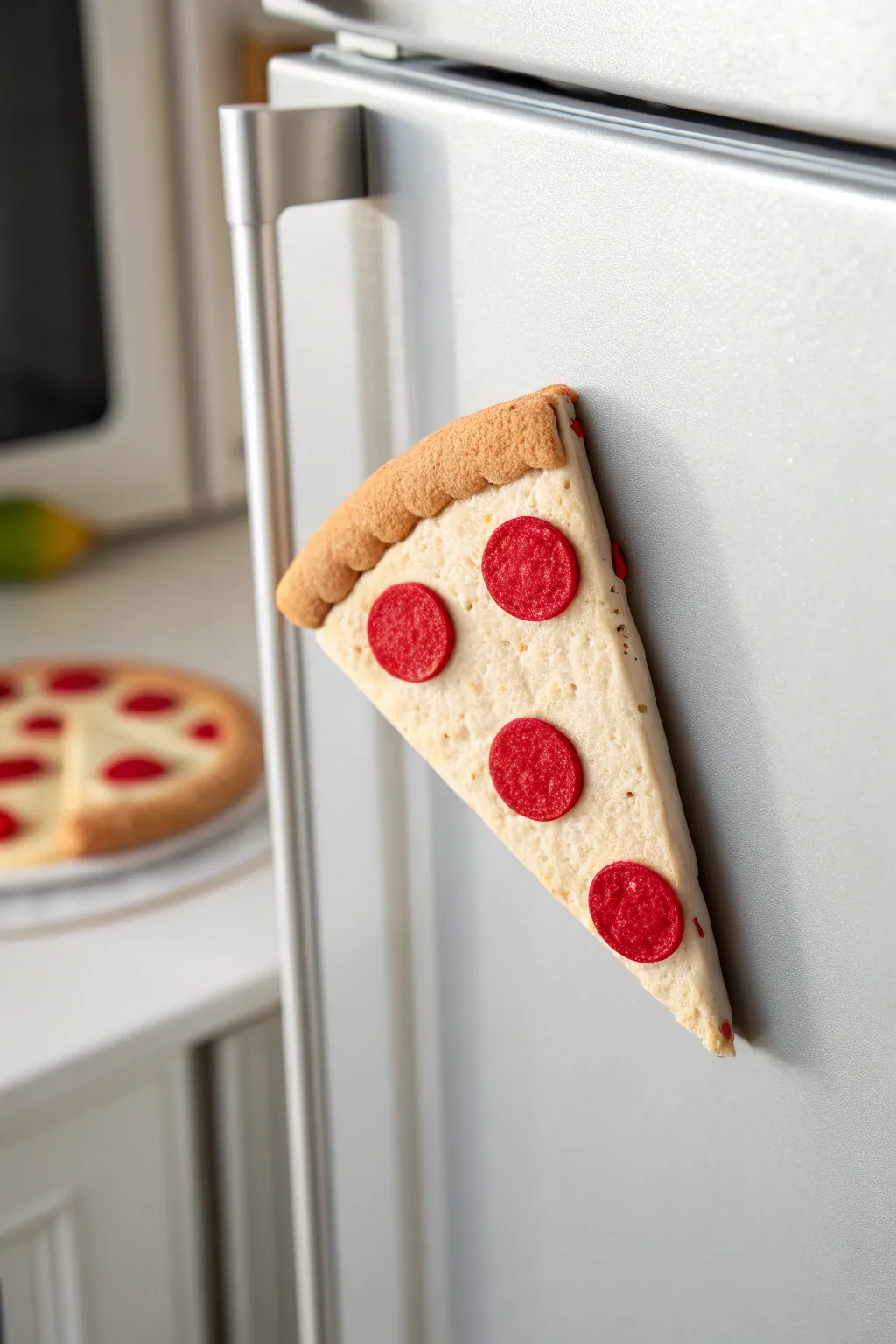 Cute clay pizza slice magnets with simple pepperoni dots, perfect for easy DIY fridge decor