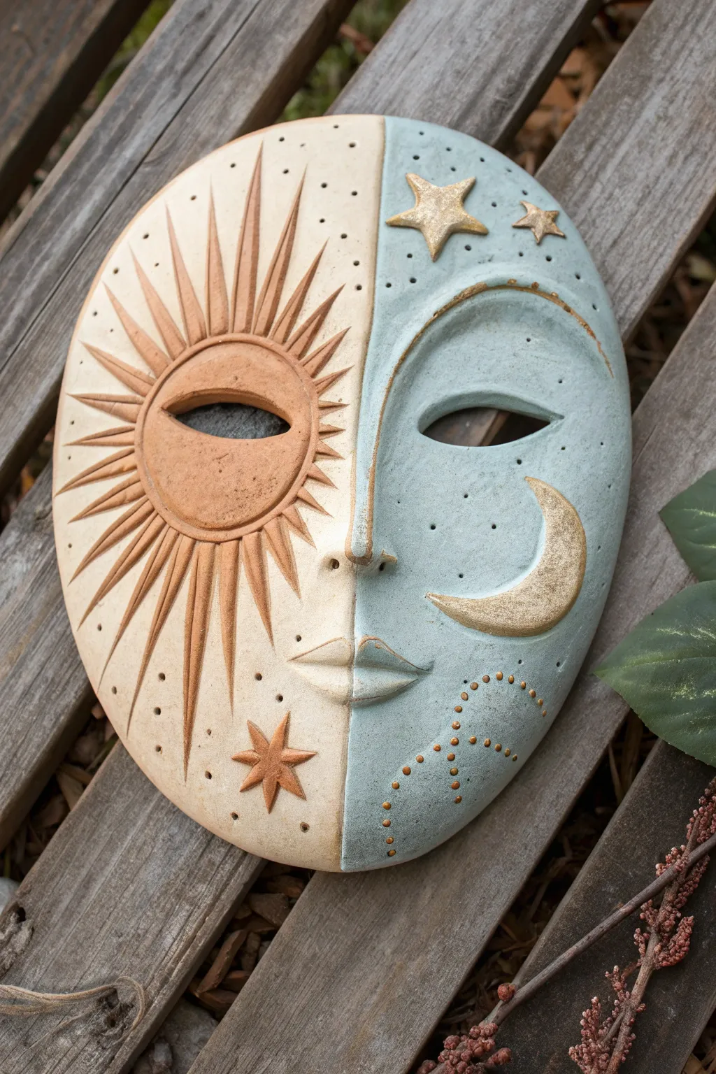 Sun and moon split-face clay mask with warm terracotta and cool blue contrast, minimalist boho.