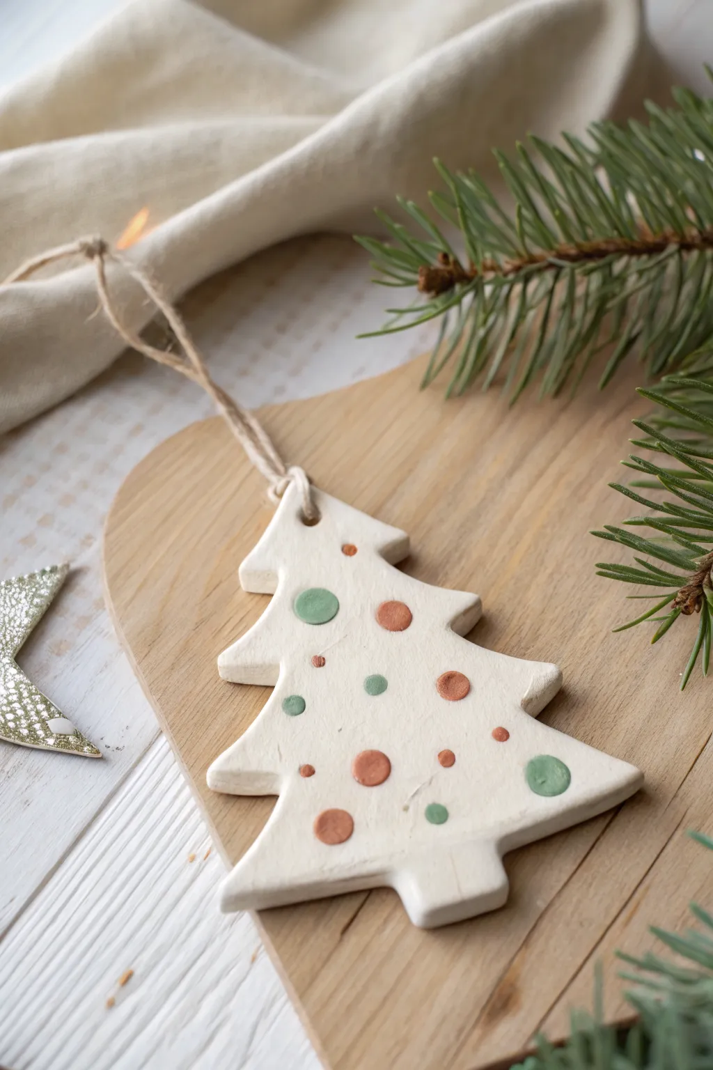 Minimal clay tree ornament with painted dot details and tiny star, simple handmade holiday charm.