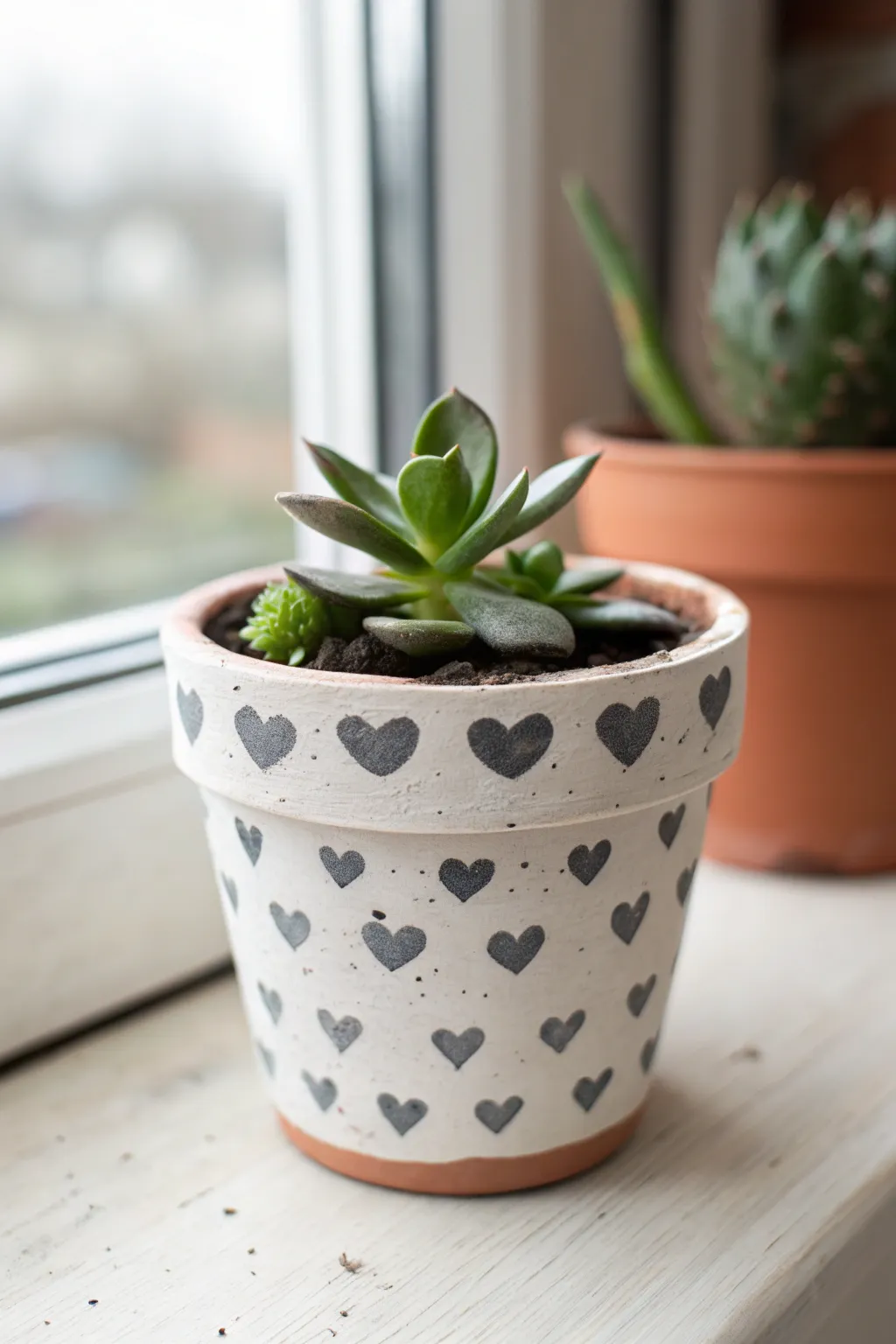 Tiny hand painted hearts turn a simple clay planter into a sweet minimalist desk accent