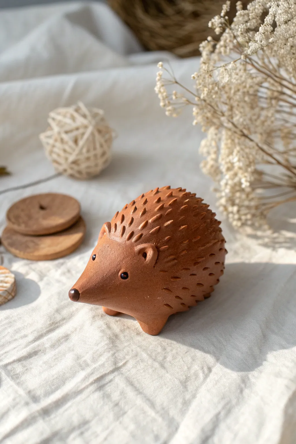 Simple clay hedgehog with pressed spines, a cute minimalist sculpture idea you can finish in minutes.